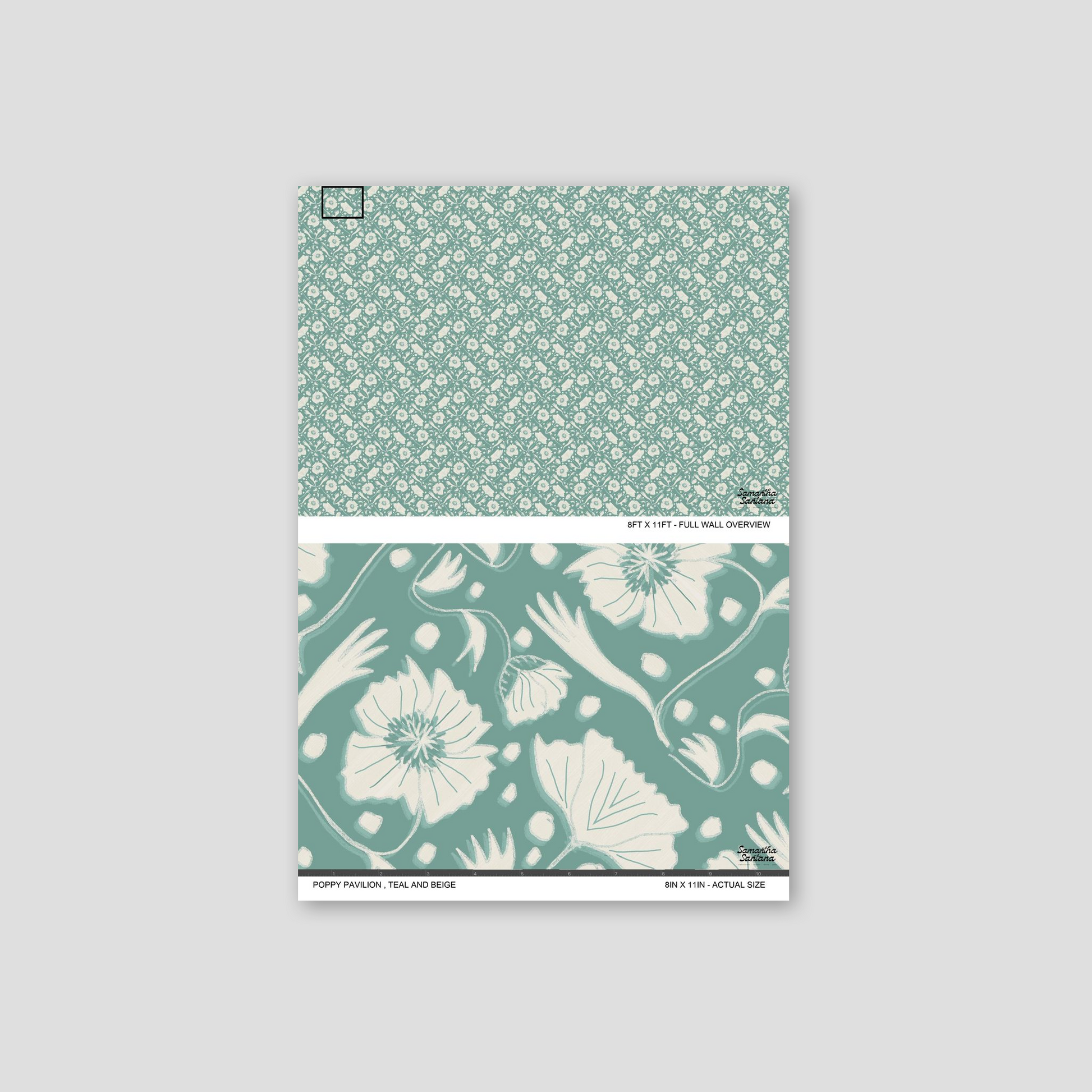 Teal and beige floral wallpaper sample with poppy design