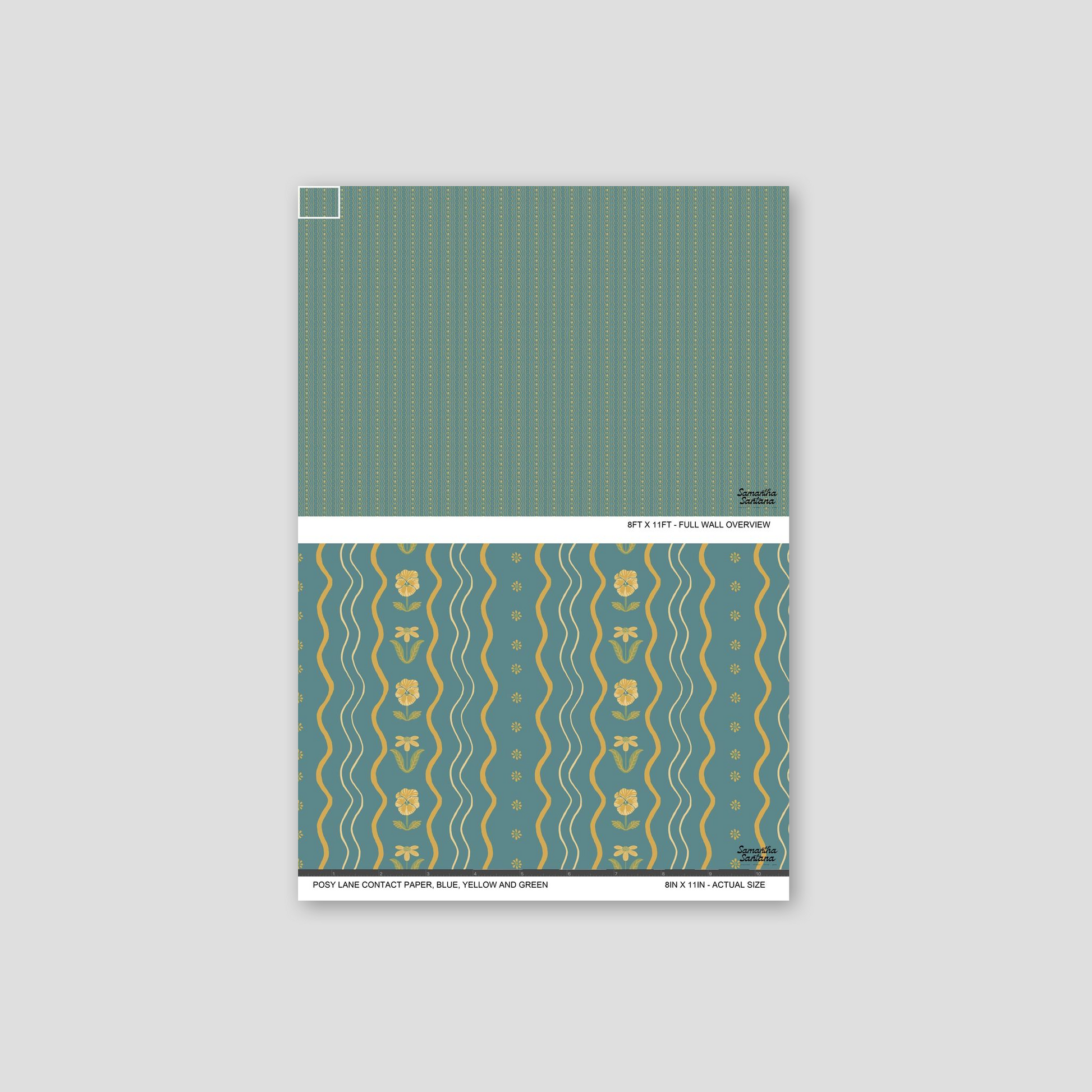 Teal contact paper, shelf liner with yellow flowers and wavy lines, botanical pattern