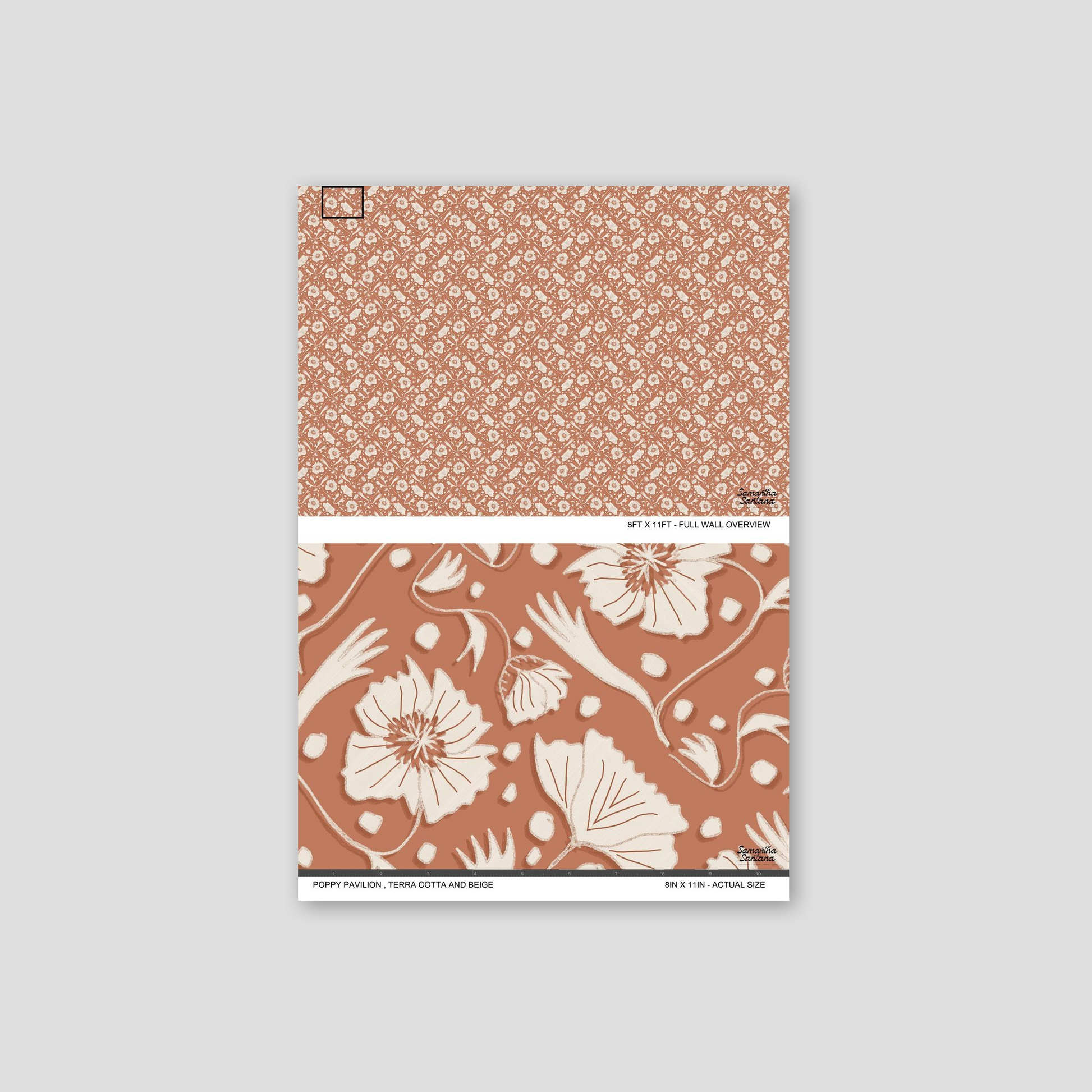 Terra cotta and beige floral wallpaper with intricate botanical patterns.