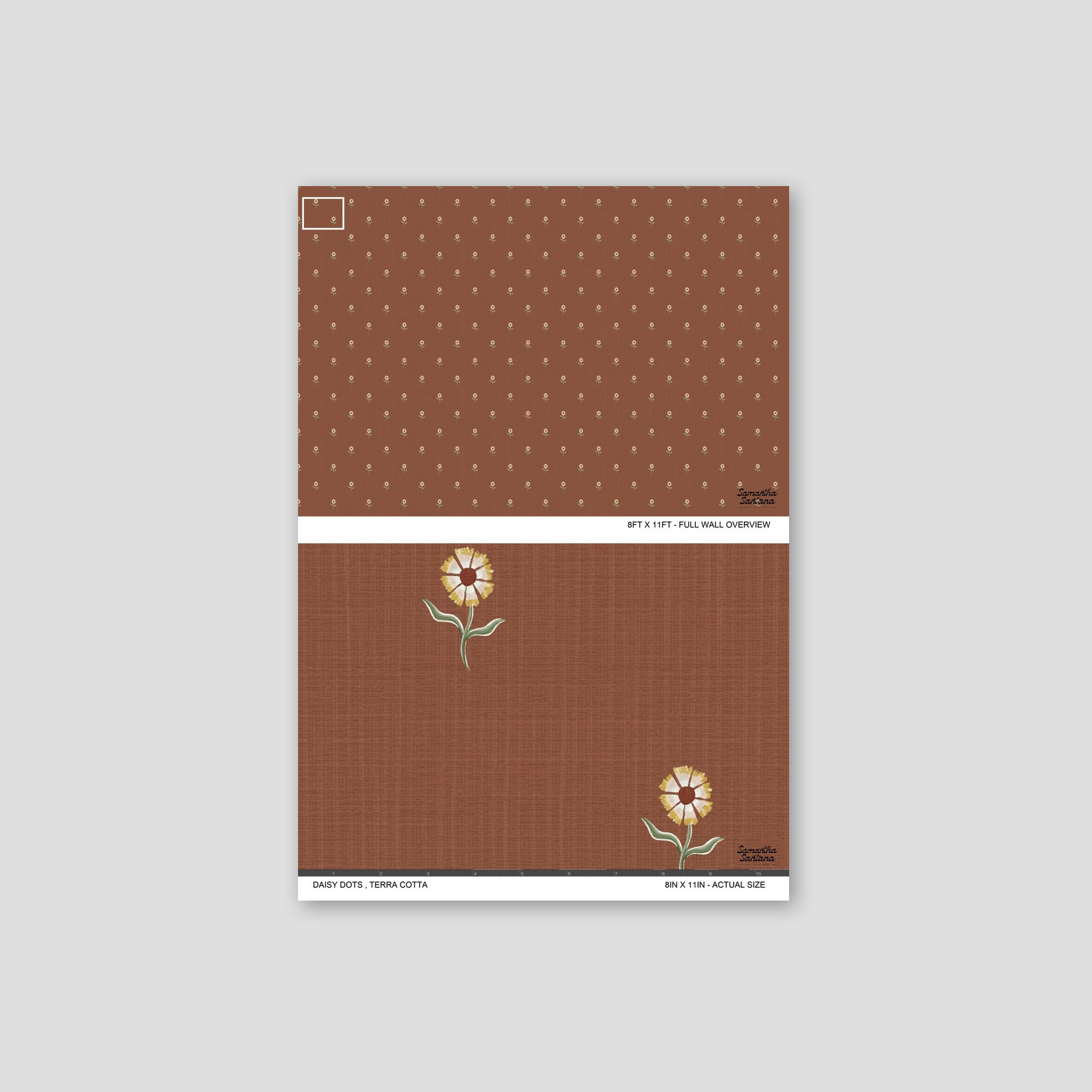 Terra cotta wallpaper with yellow floral motifs and green leaves