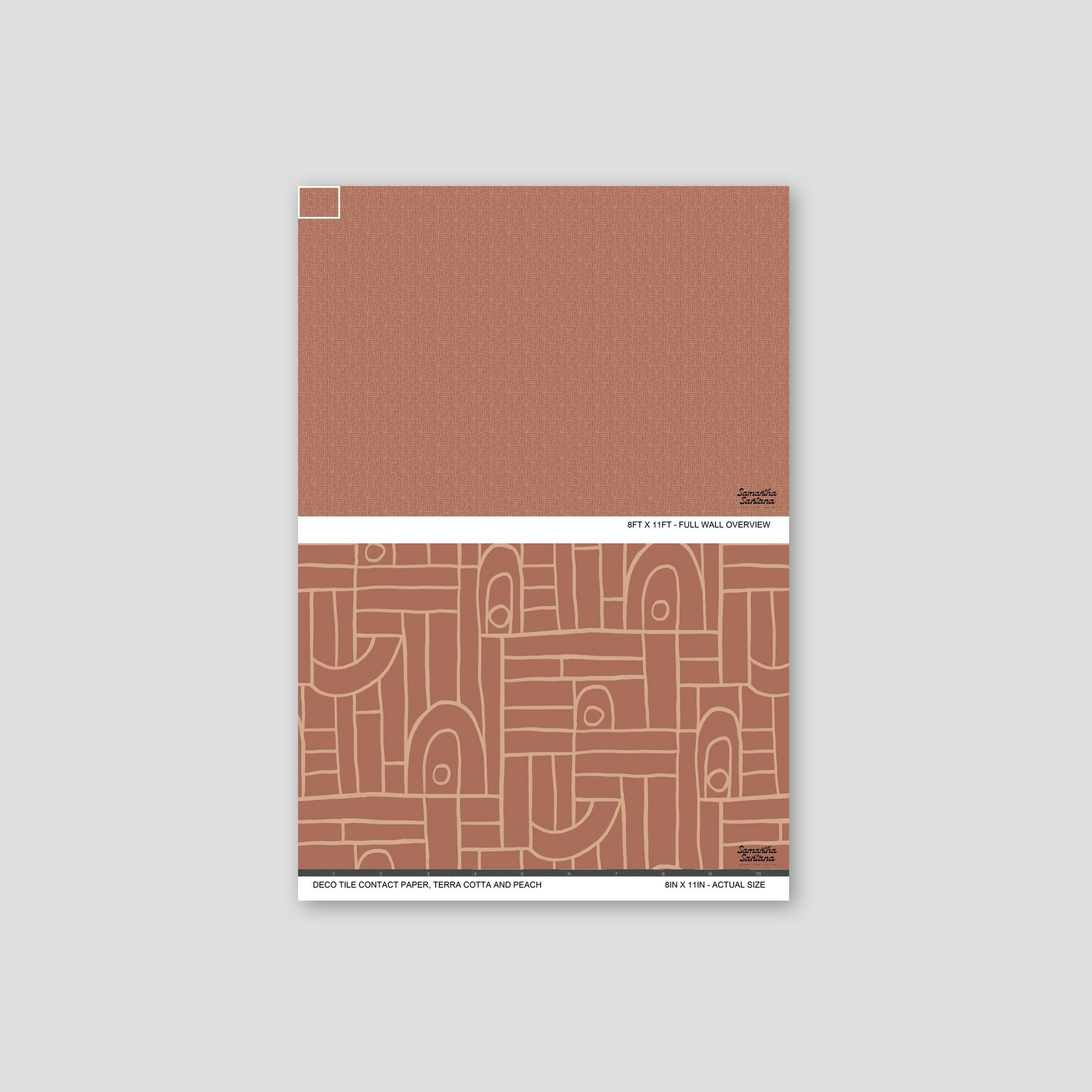 Terra cotta and peach geometric contact paper, shelf liner sample with abstract motifs.