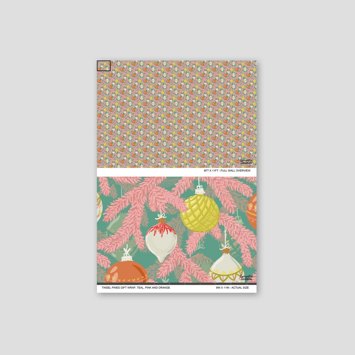Festive teal wallpaper with pink pine branches and colorful ornaments.