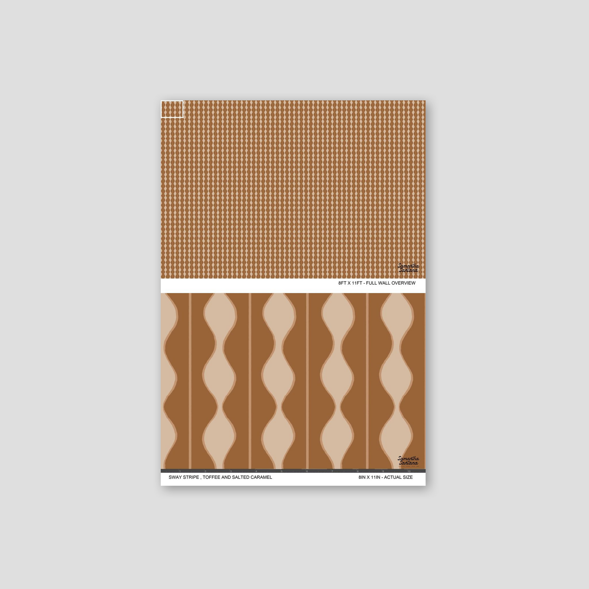 Toffee and salted caramel wavy stripe wallpaper sample.
