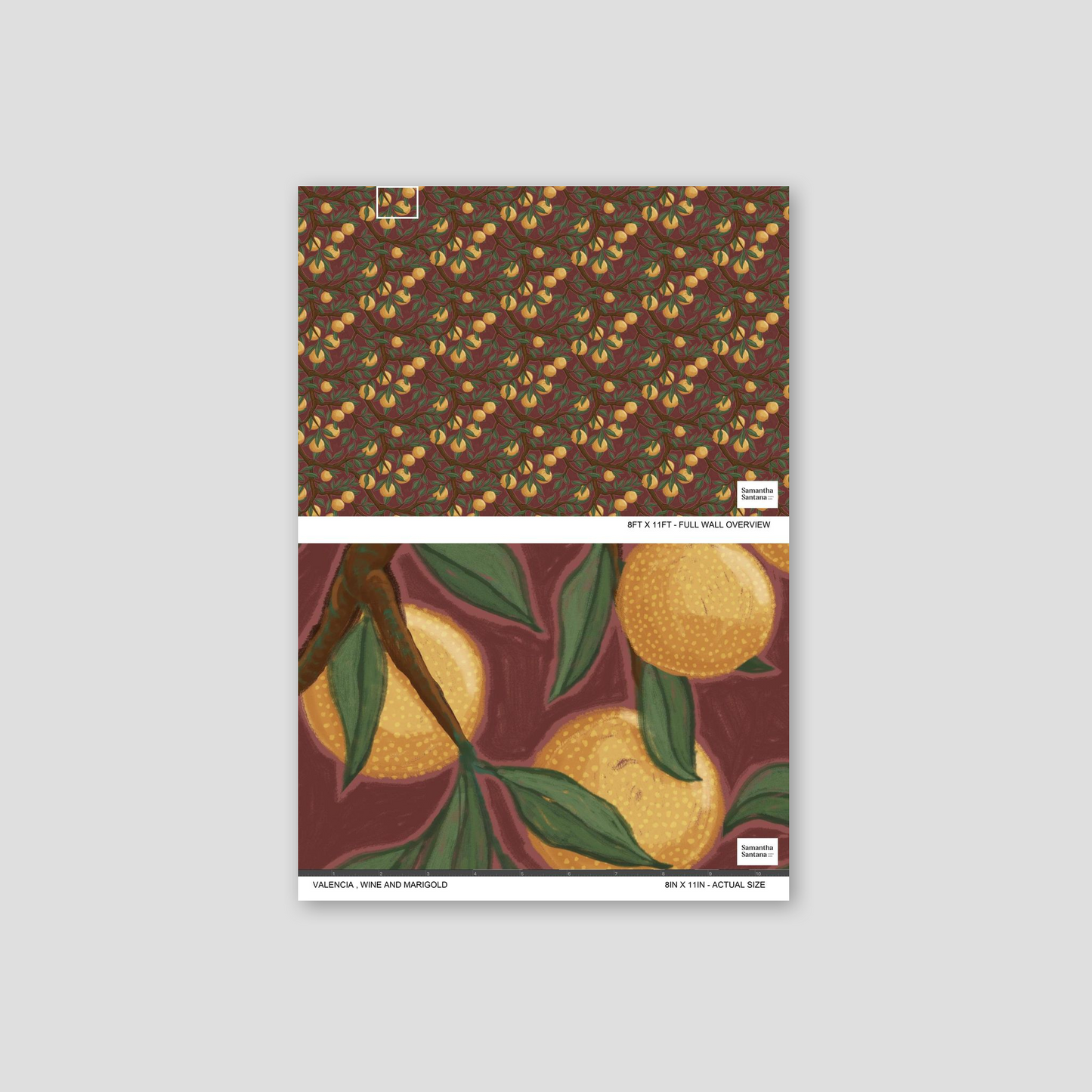 Valencia wallpaper with citrus fruits on wine and marigold background.
