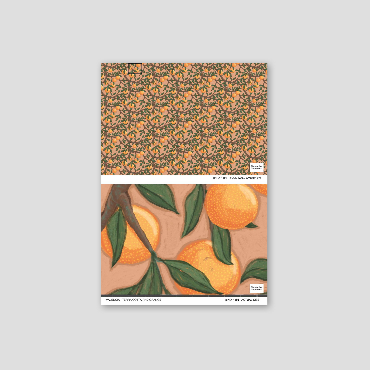 Valencia wallpaper with citrus fruits and green leaves on terra cotta background.
