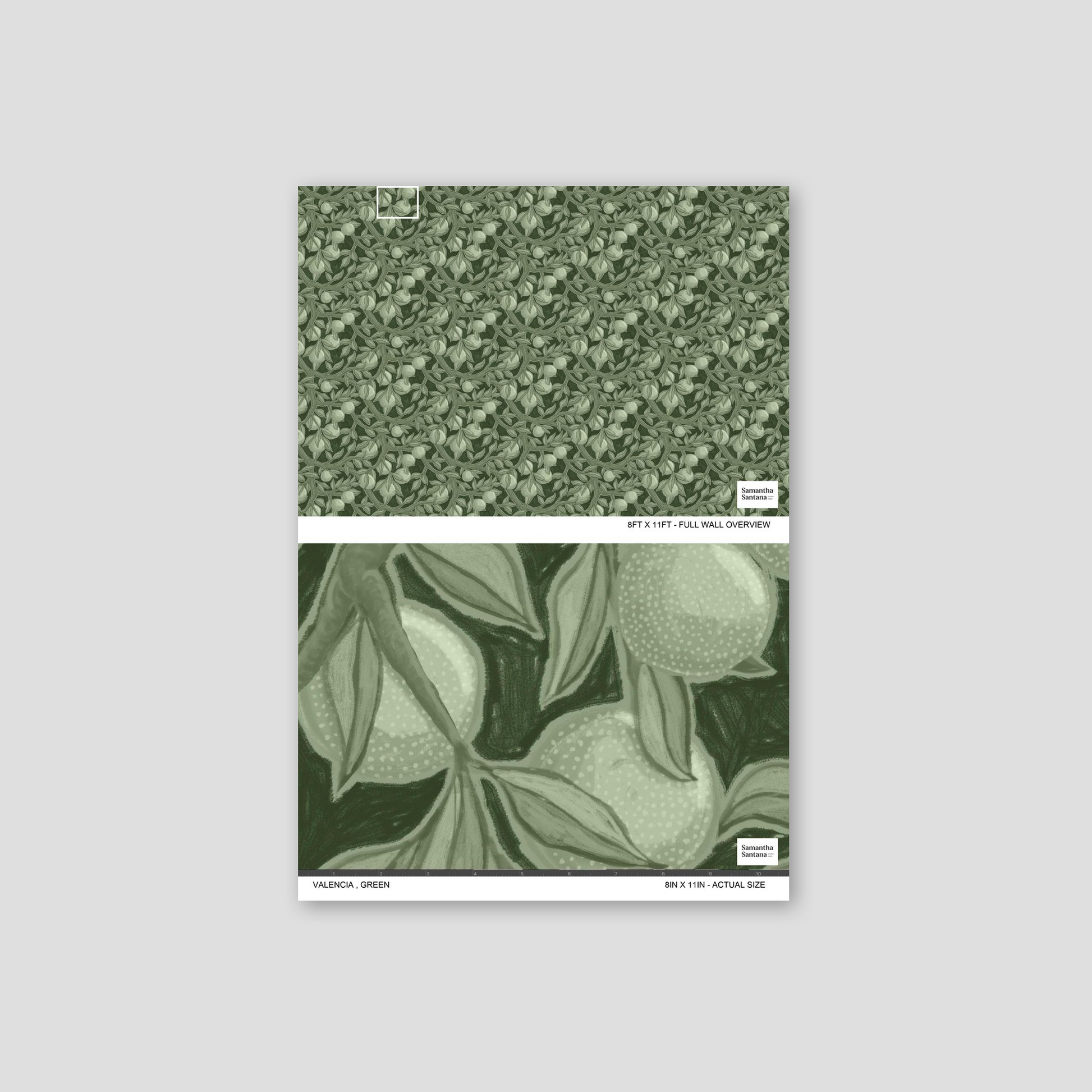 Valencia green botanical wallpaper with intricate leaves and fruits pattern.