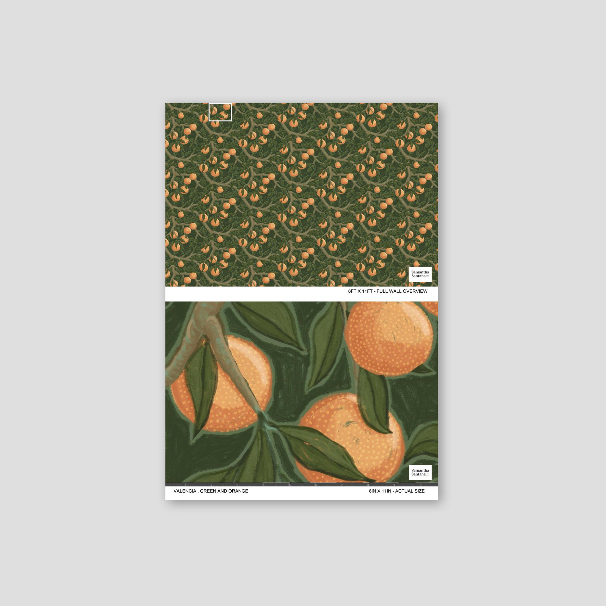 Green and orange Valencia wallpaper with oranges on branches, botanical style.