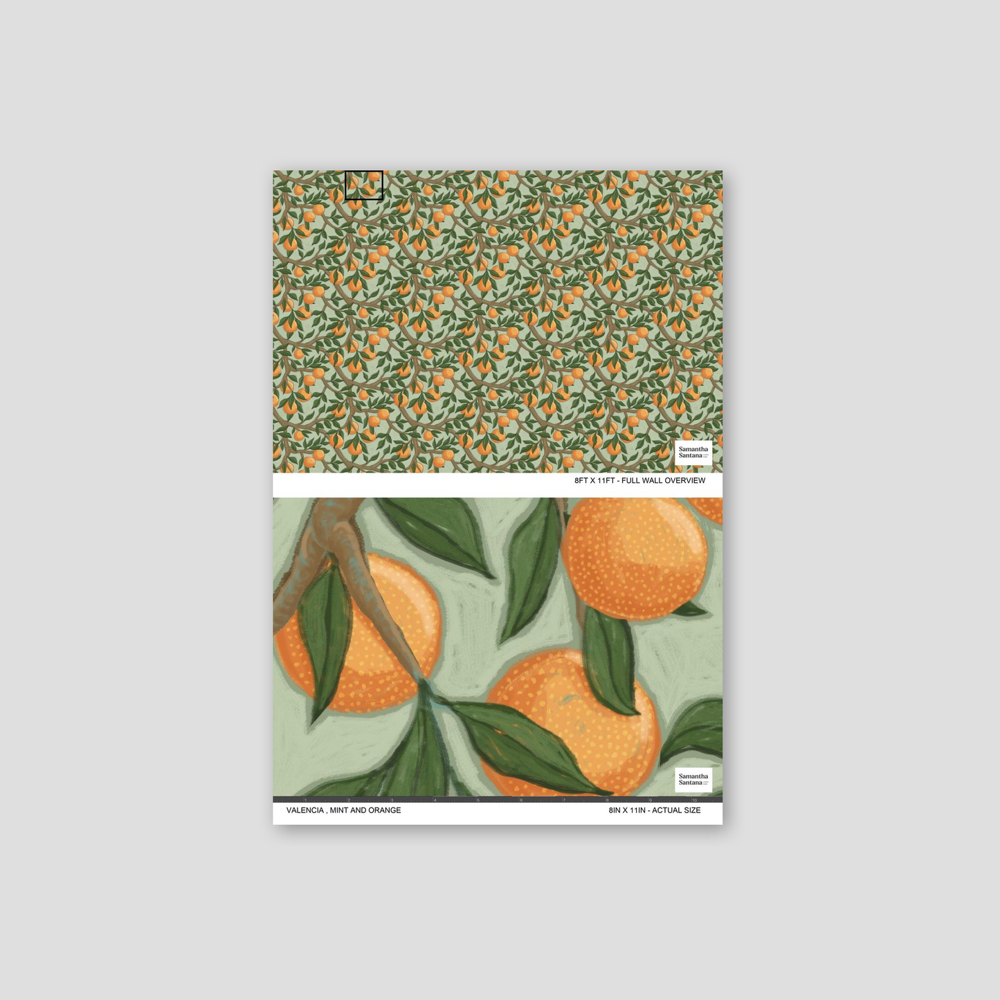 Valencia wallpaper with vibrant oranges and green leaves on a mint background.
