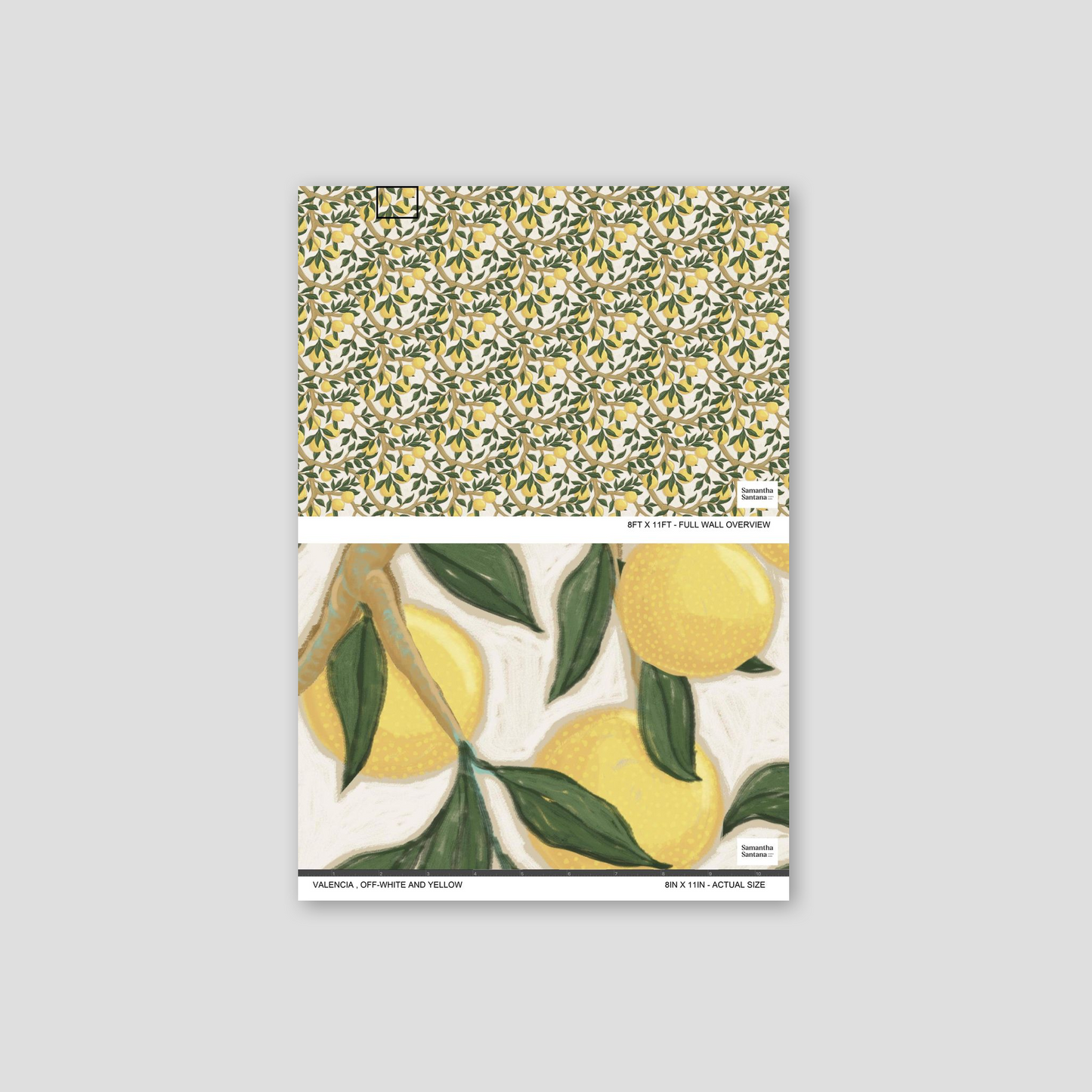 Valencia wallpaper with off-white background, yellow lemons, green leaves pattern.