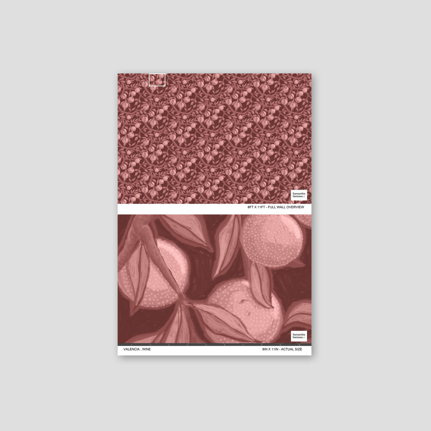 Valencia wine wallpaper with intricate fruit and leaf pattern on rosy background.