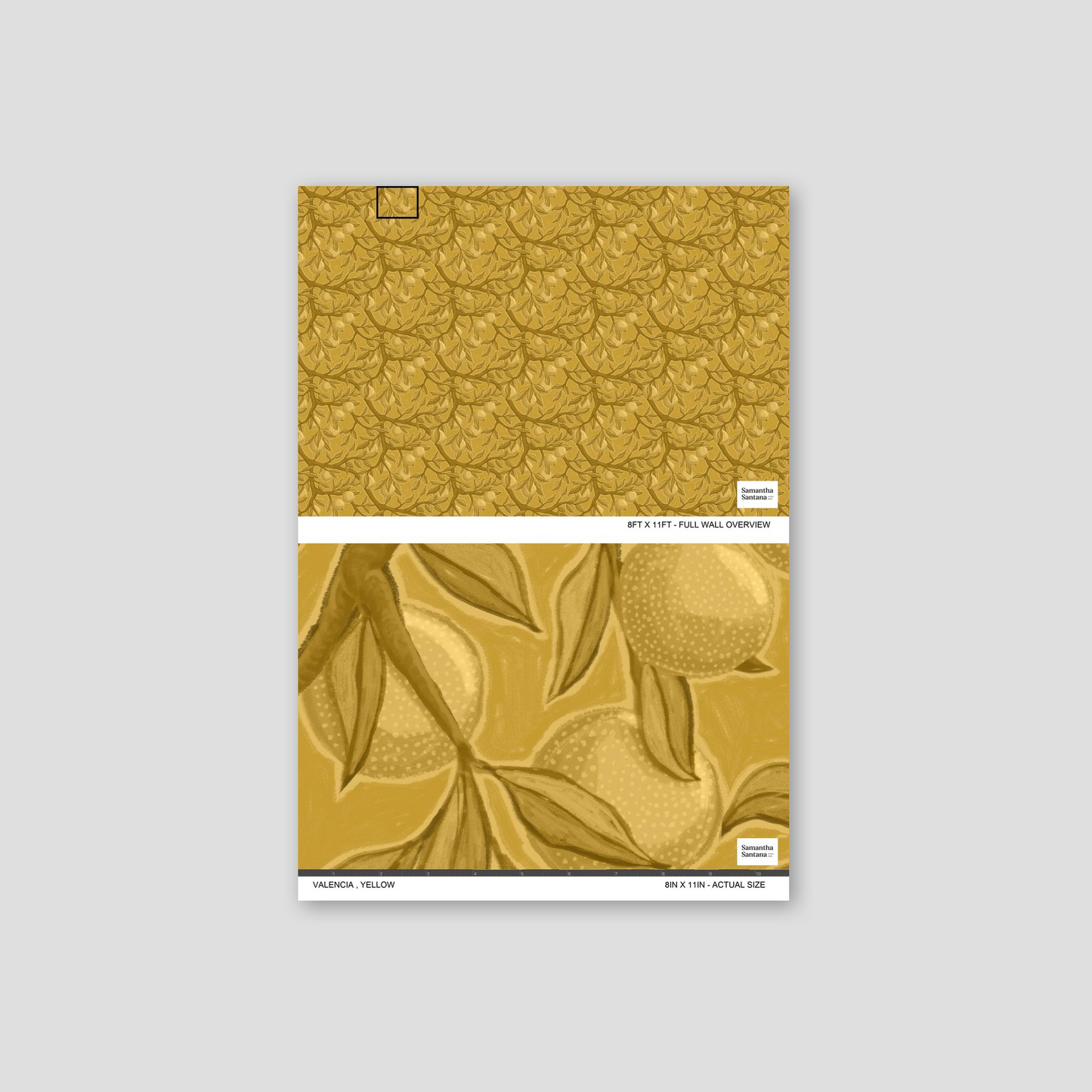 Valencia yellow wallpaper with intricate fruit and branch pattern sample.