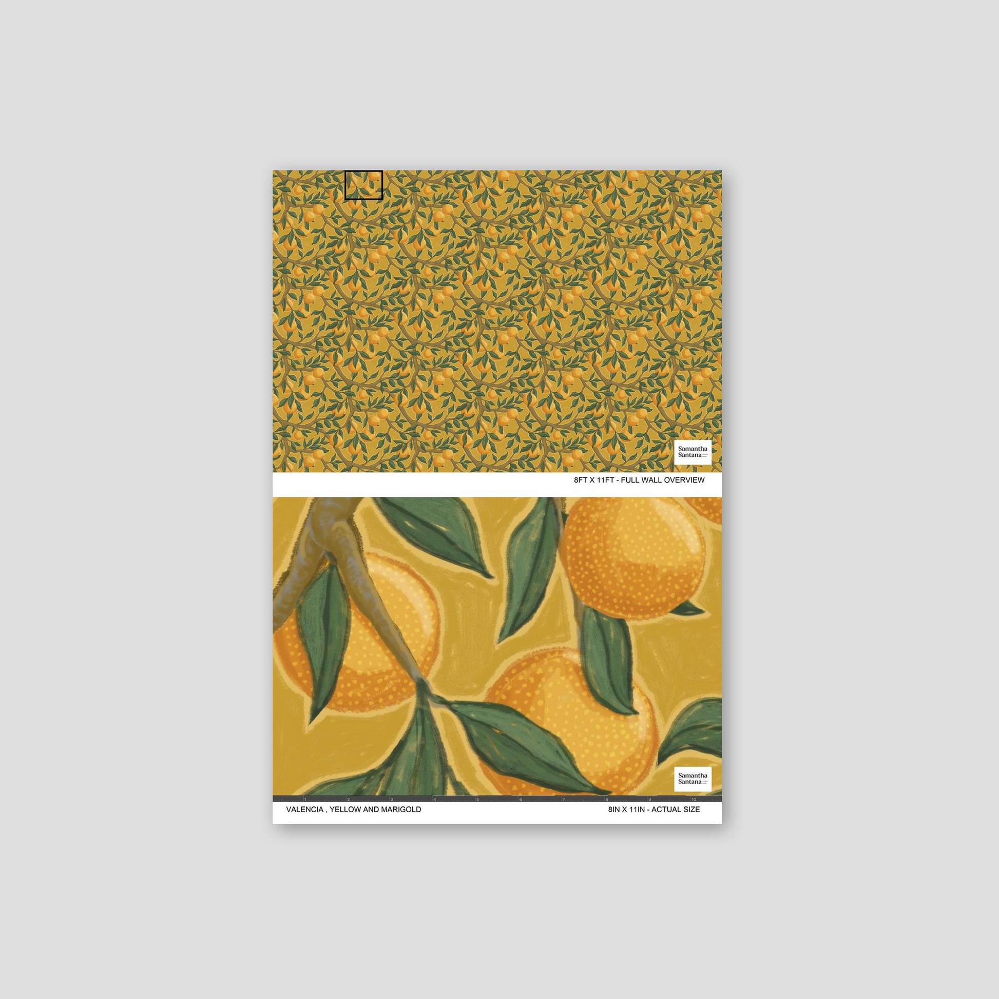 Valencia wallpaper with vibrant oranges and green leaves on yellow background, botanical style.