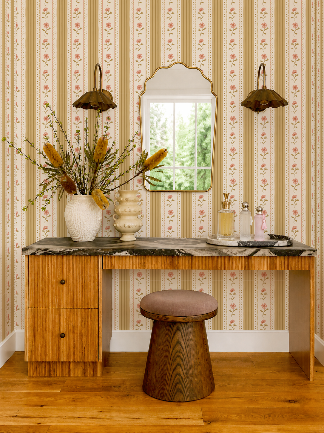 Amapola Stripe Wallpaper, beige, butter yellow and coral