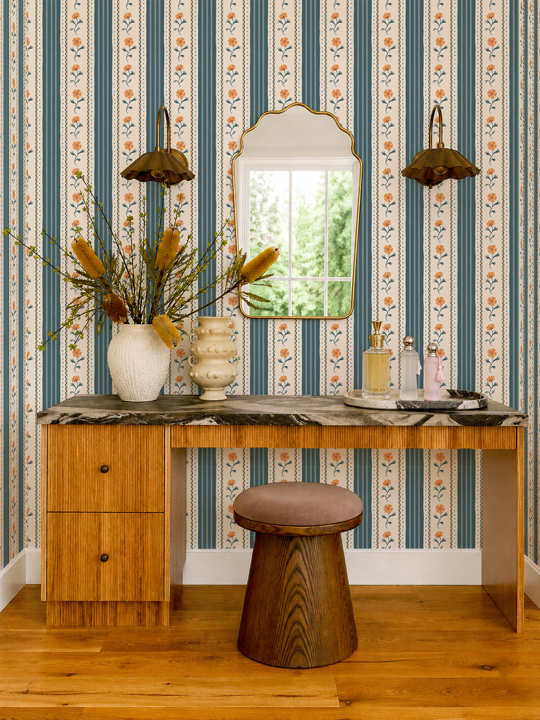 Amapola Stripe Wallpaper, beige, dark teal and orange