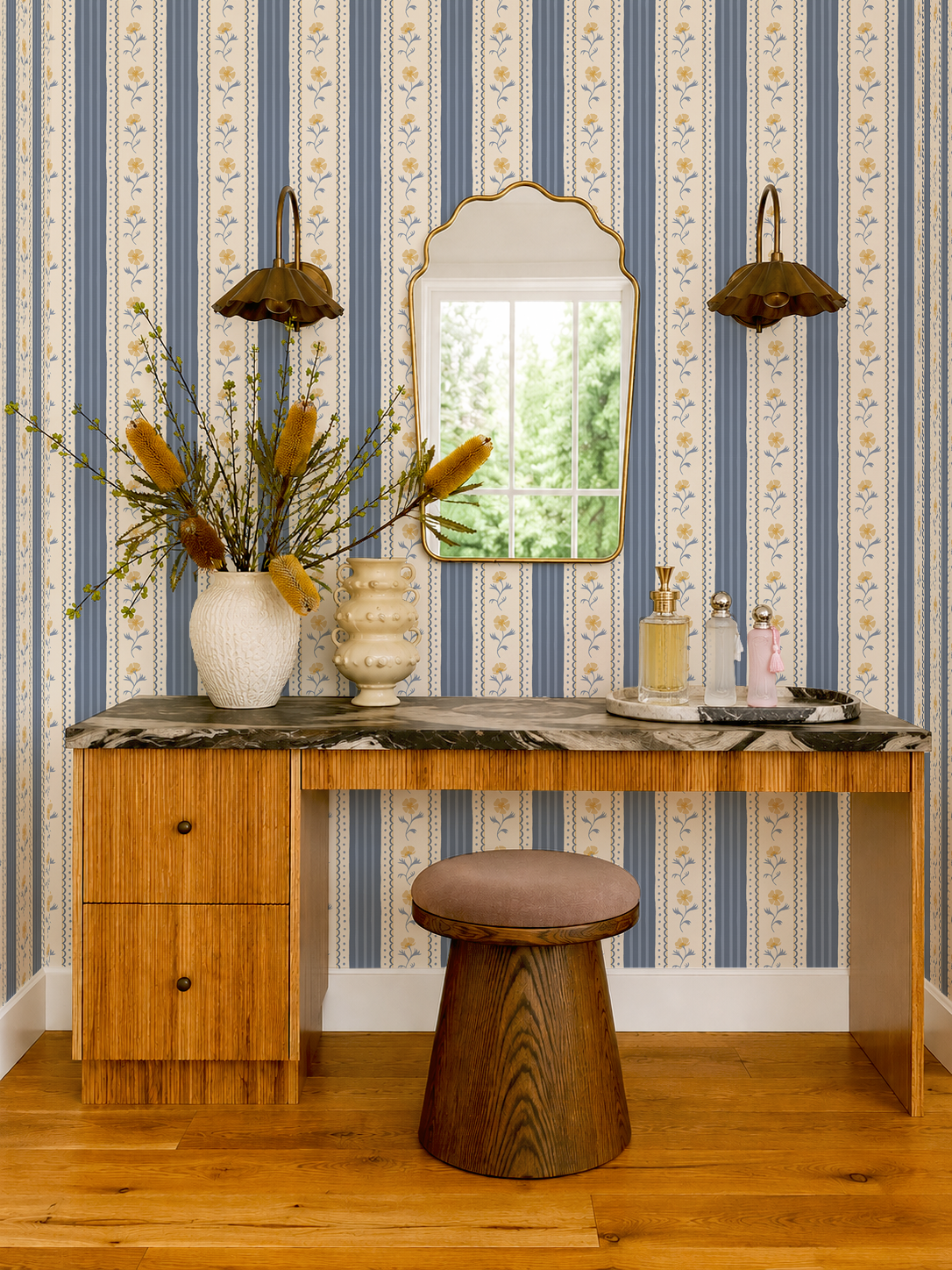Amapola Stripe Wallpaper, beige, dusty blue and yellow