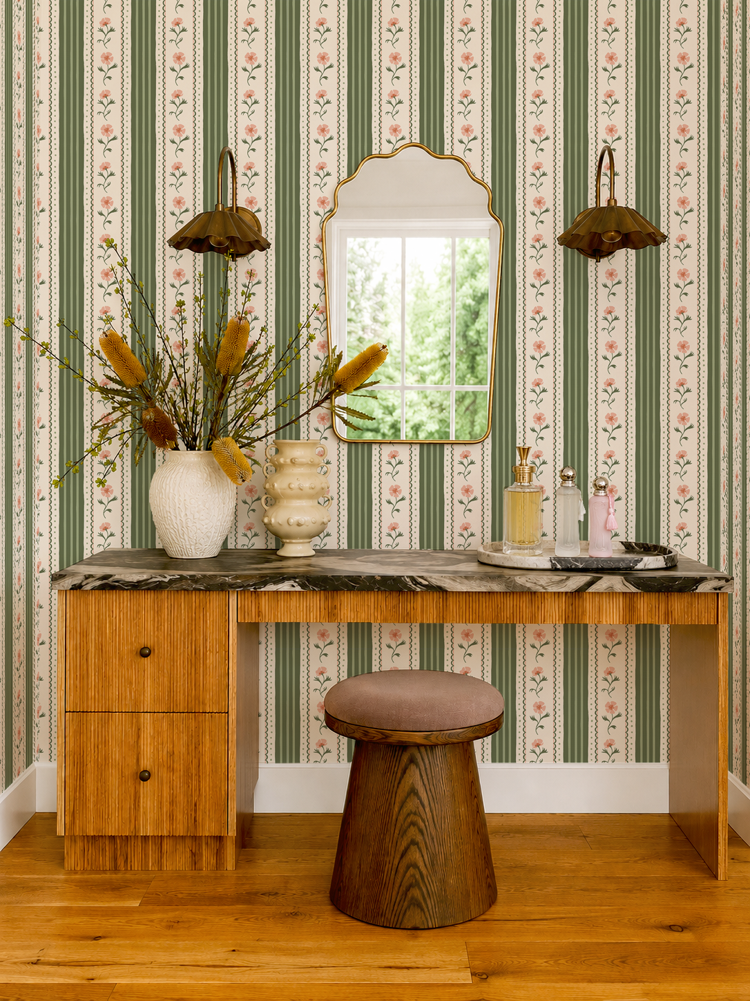 Amapola Stripe Wallpaper, beige, green and peach