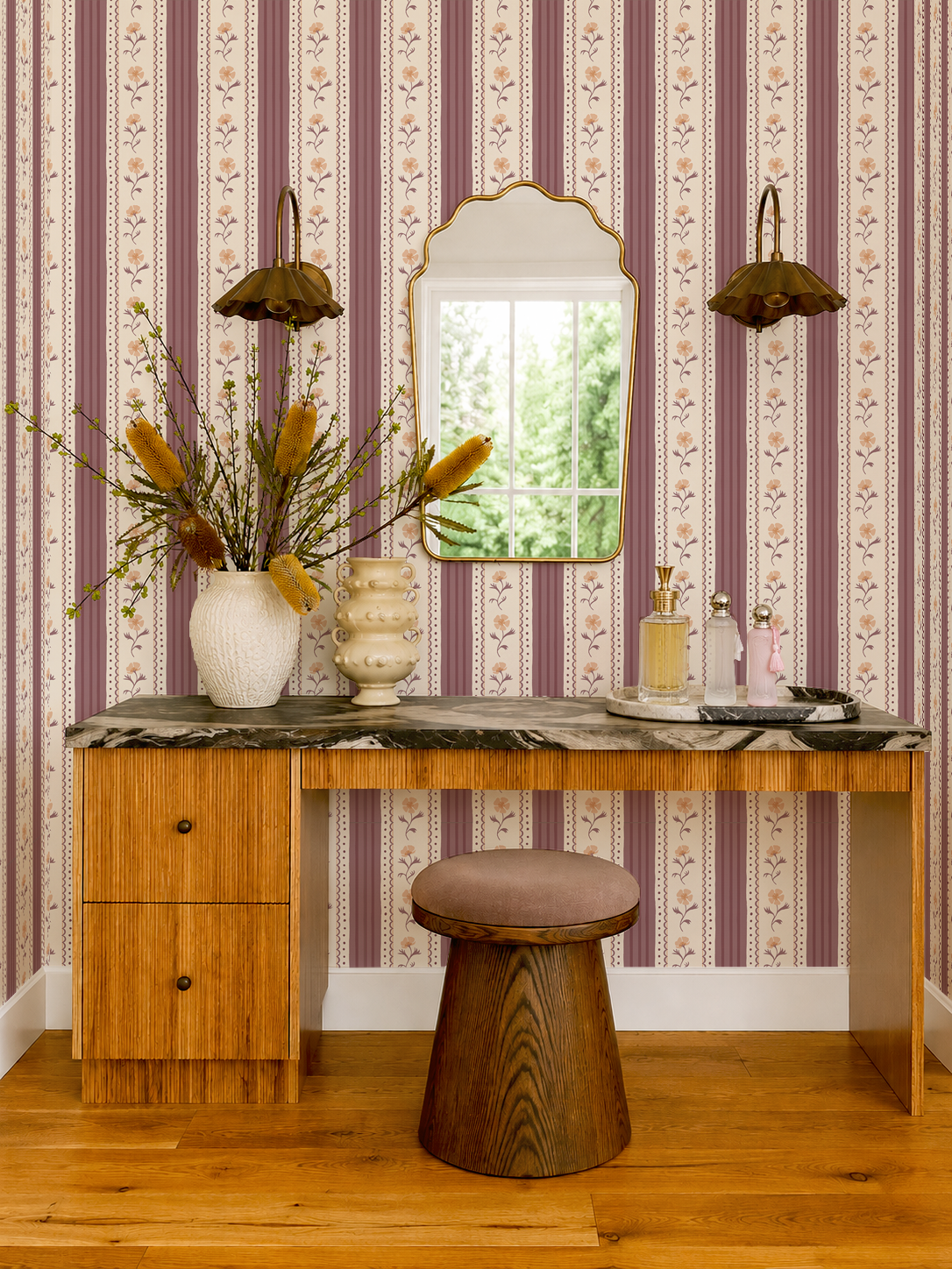 Amapola Stripe Wallpaper, beige, mauve and peach