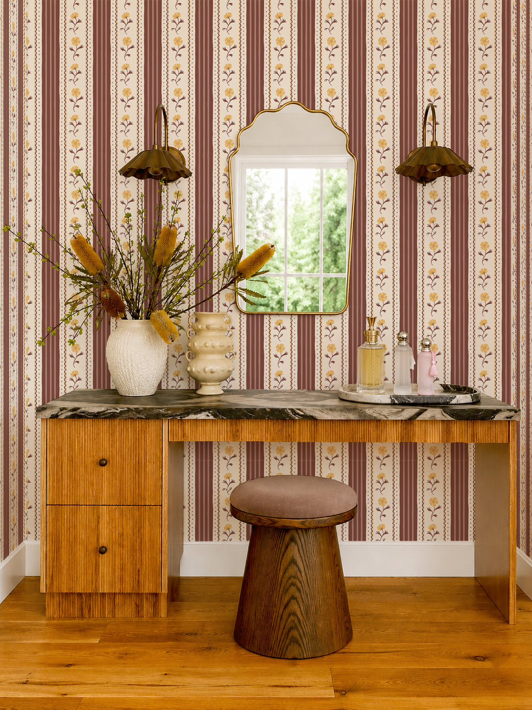 Amapola Stripe Wallpaper, beige, wine and marigold