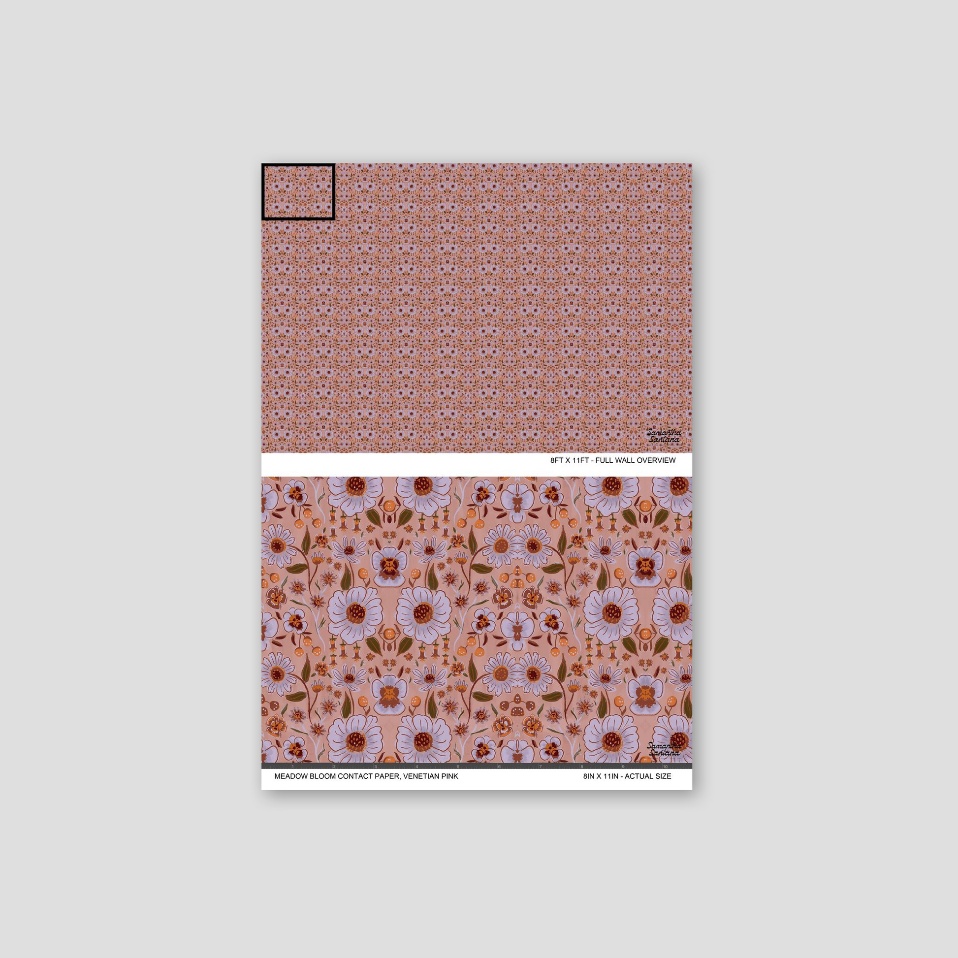 Venetian pink floral contact paper, shelf liner sample with intricate meadow bloom pattern.