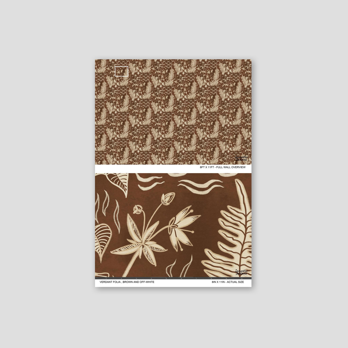 Verdant Folia wallpaper sample with brown botanical design on cocoa background.