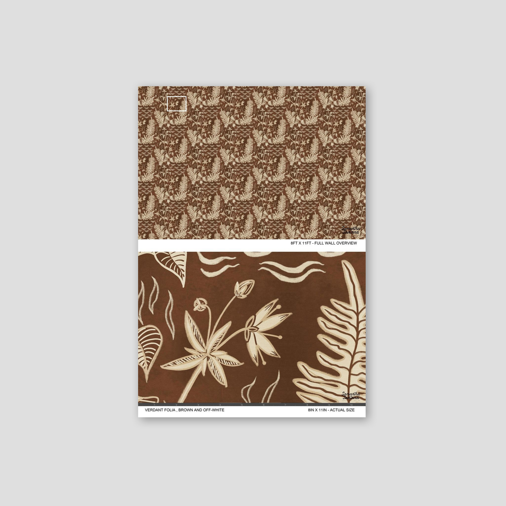 Verdant Folia wallpaper sample with brown botanical design on cocoa background.