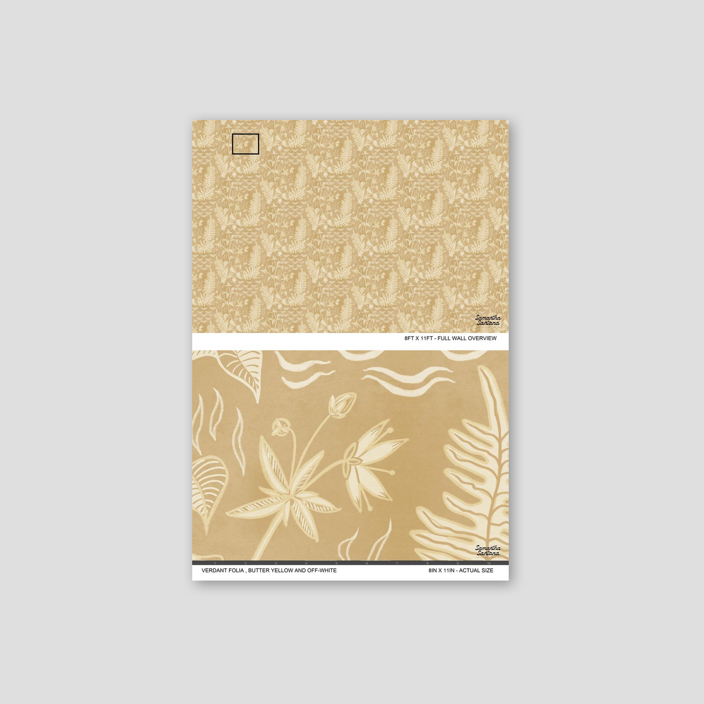 Verdant Folia wallpaper sample with butter yellow and off-white floral motifs on a sandy backdrop.