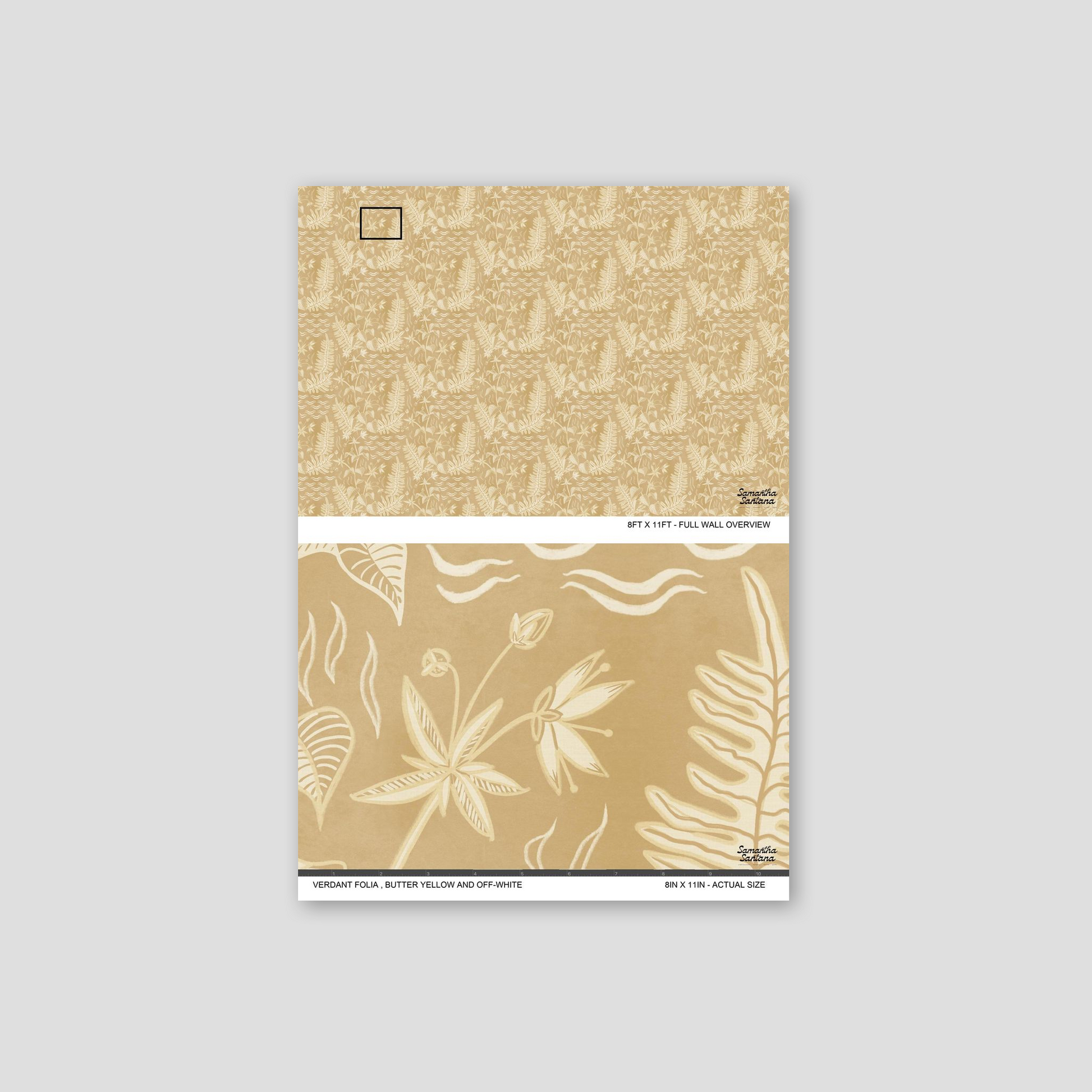 Verdant Folia wallpaper sample with butter yellow and off-white floral motifs on a sandy backdrop.