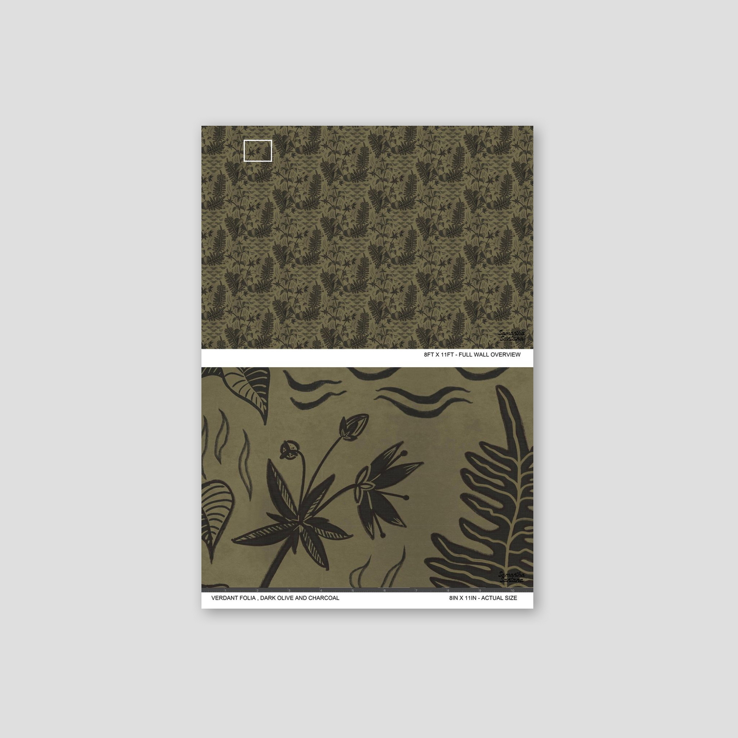 Verdant Folia wallpaper with dark olive and charcoal botanical motifs.