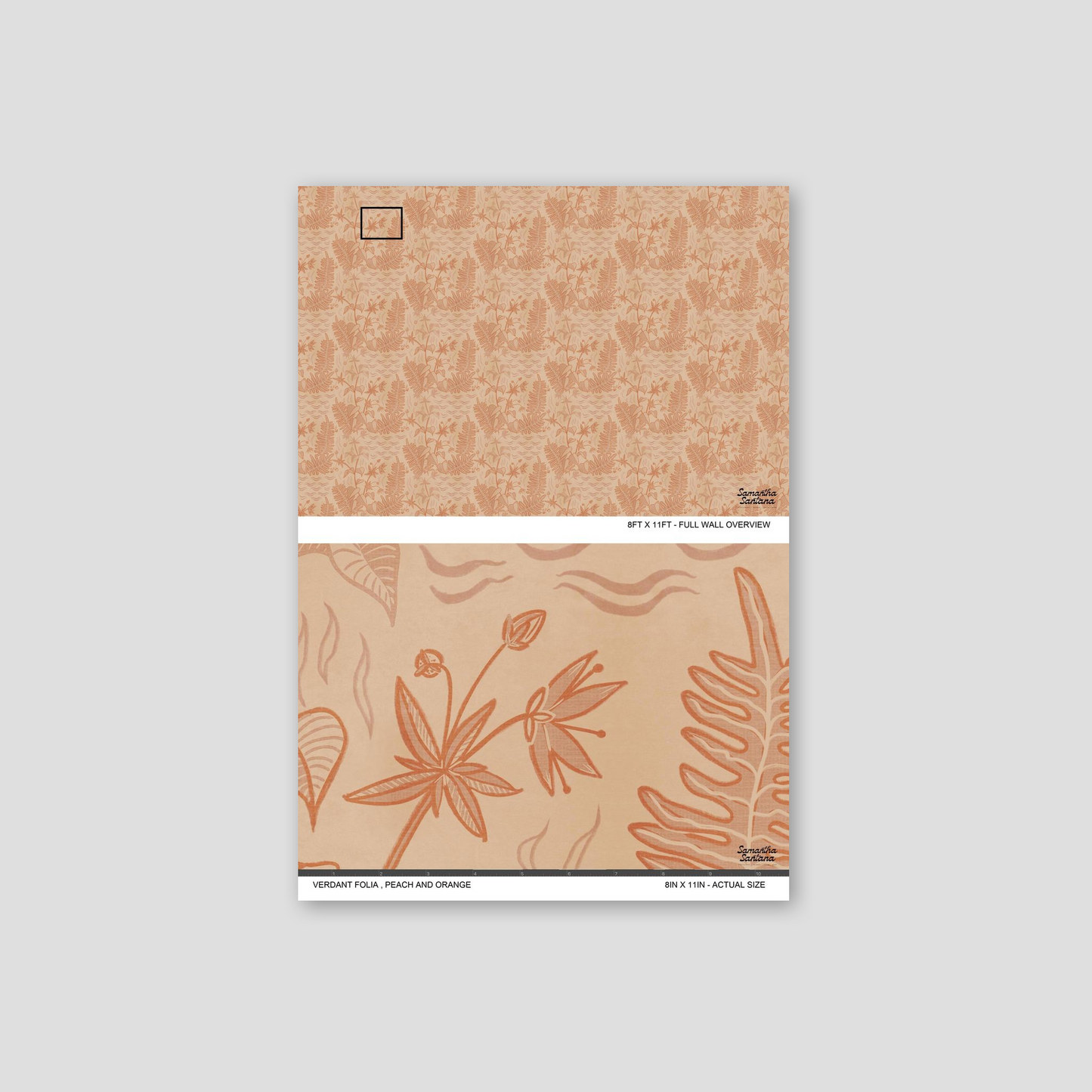 Peach and orange botanical wallpaper with intricate floral patterns.