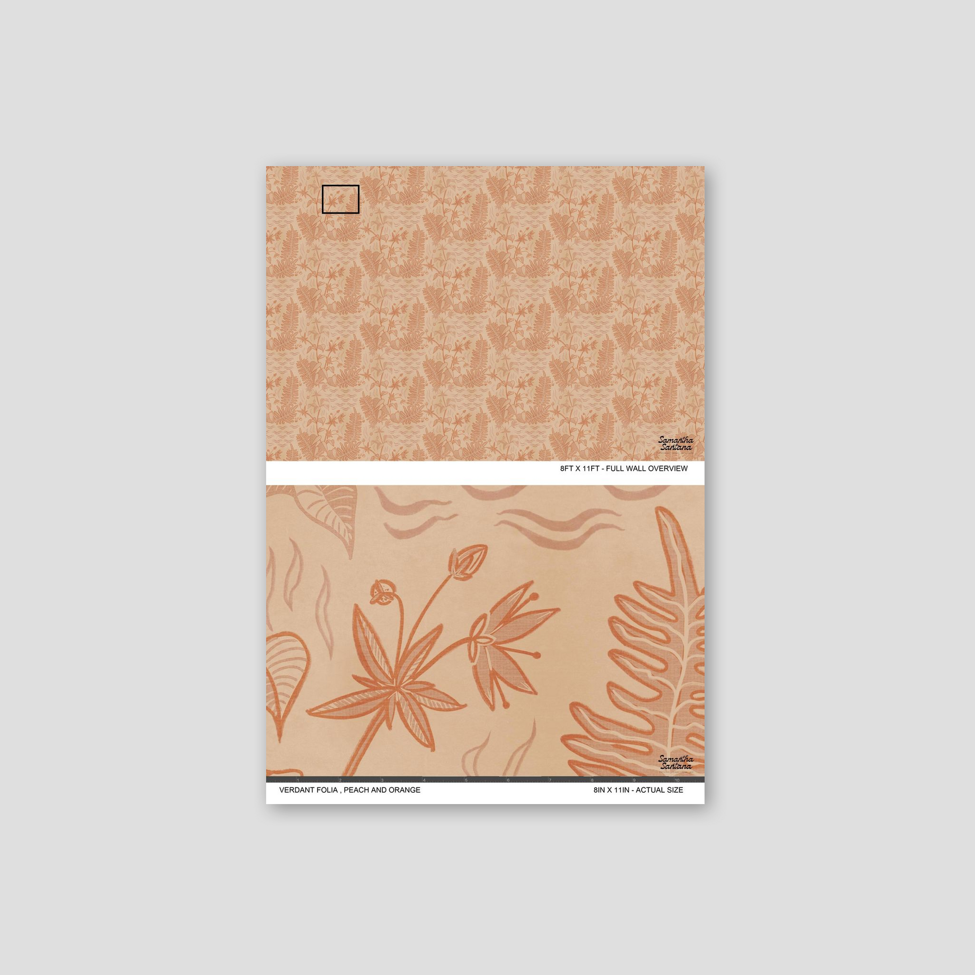 Peach and orange botanical wallpaper with intricate floral patterns.
