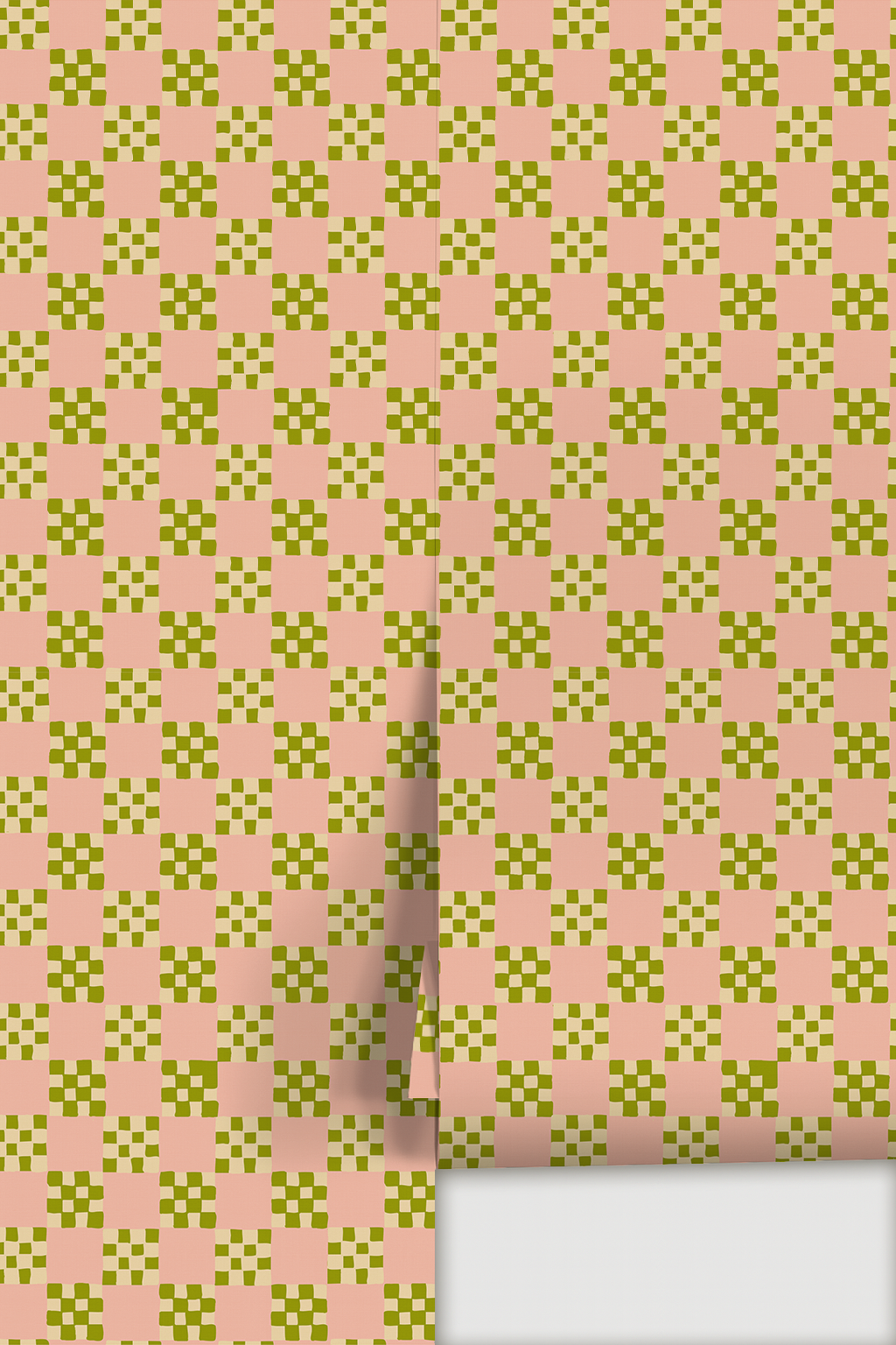 Cantina Check Wallpaper, pink, olive green and light beige