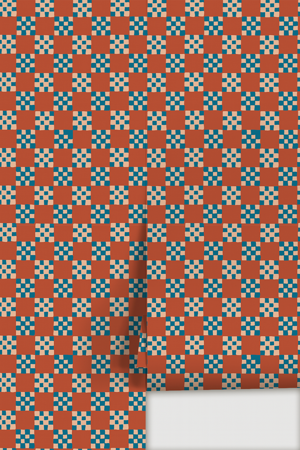 Cantina Check Wallpaper, rust, peach and blue