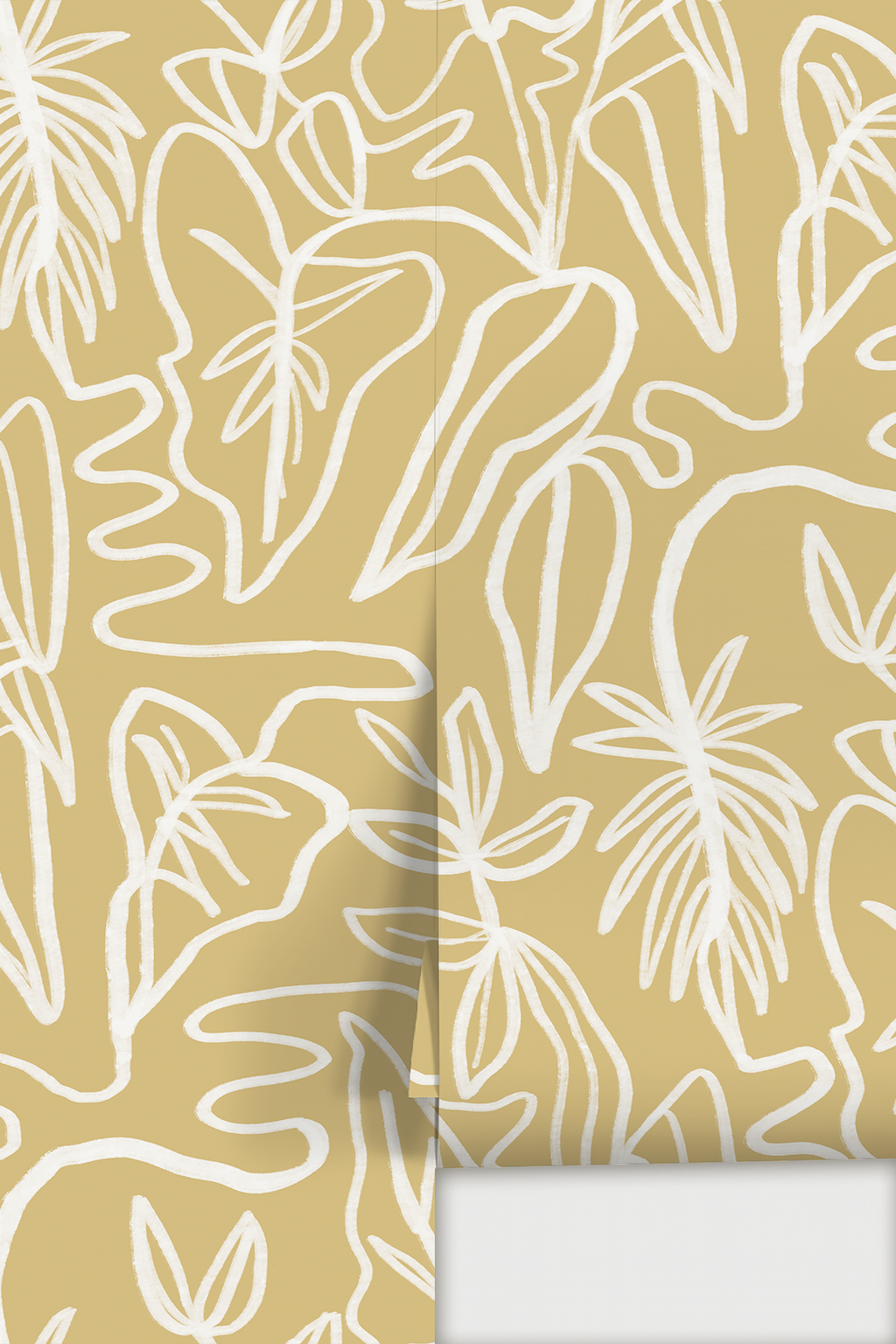 Inked Foliage Wallpaper, butter yellow and white
