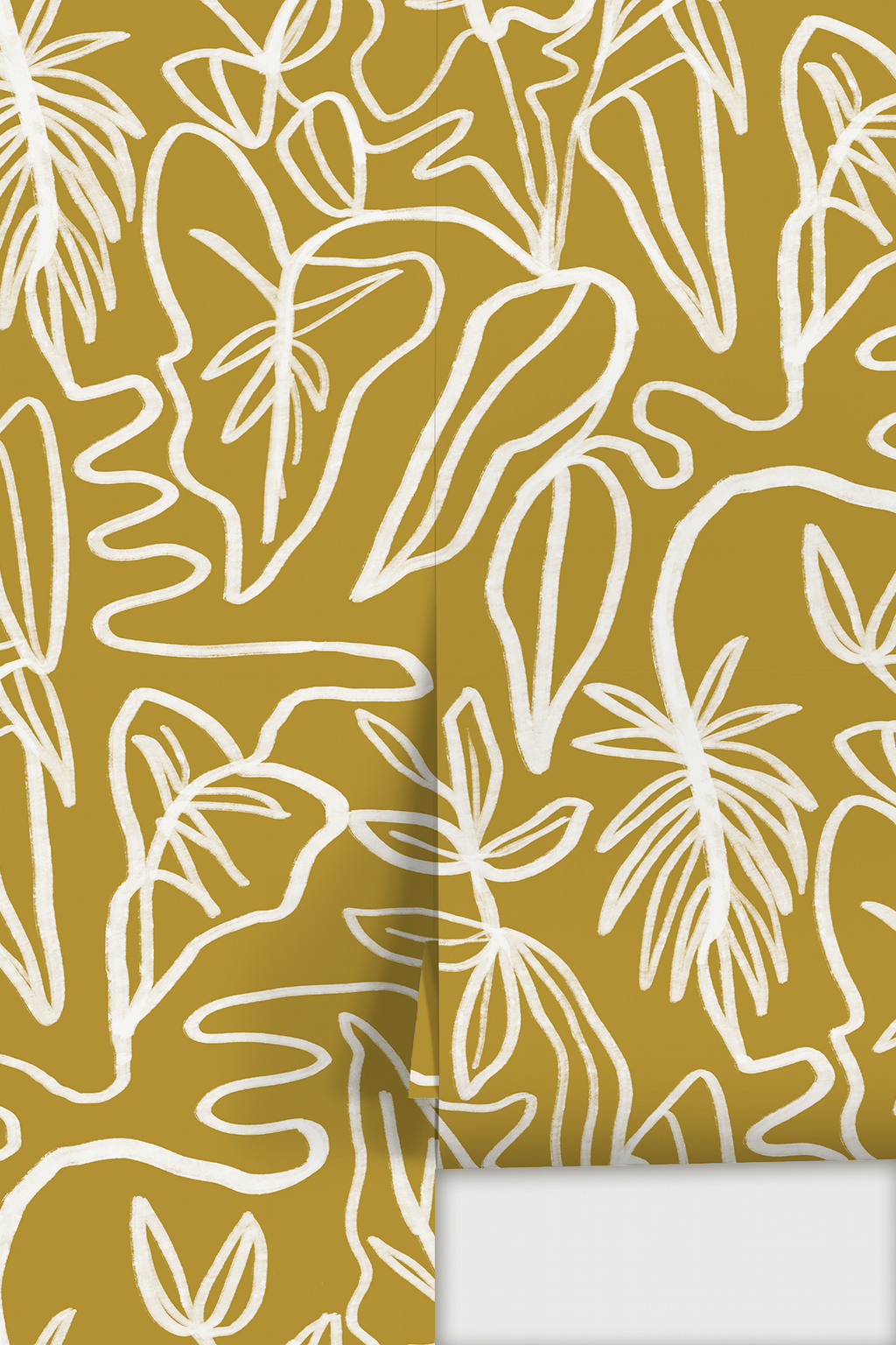 Inked Foliage Wallpaper, mustard and white