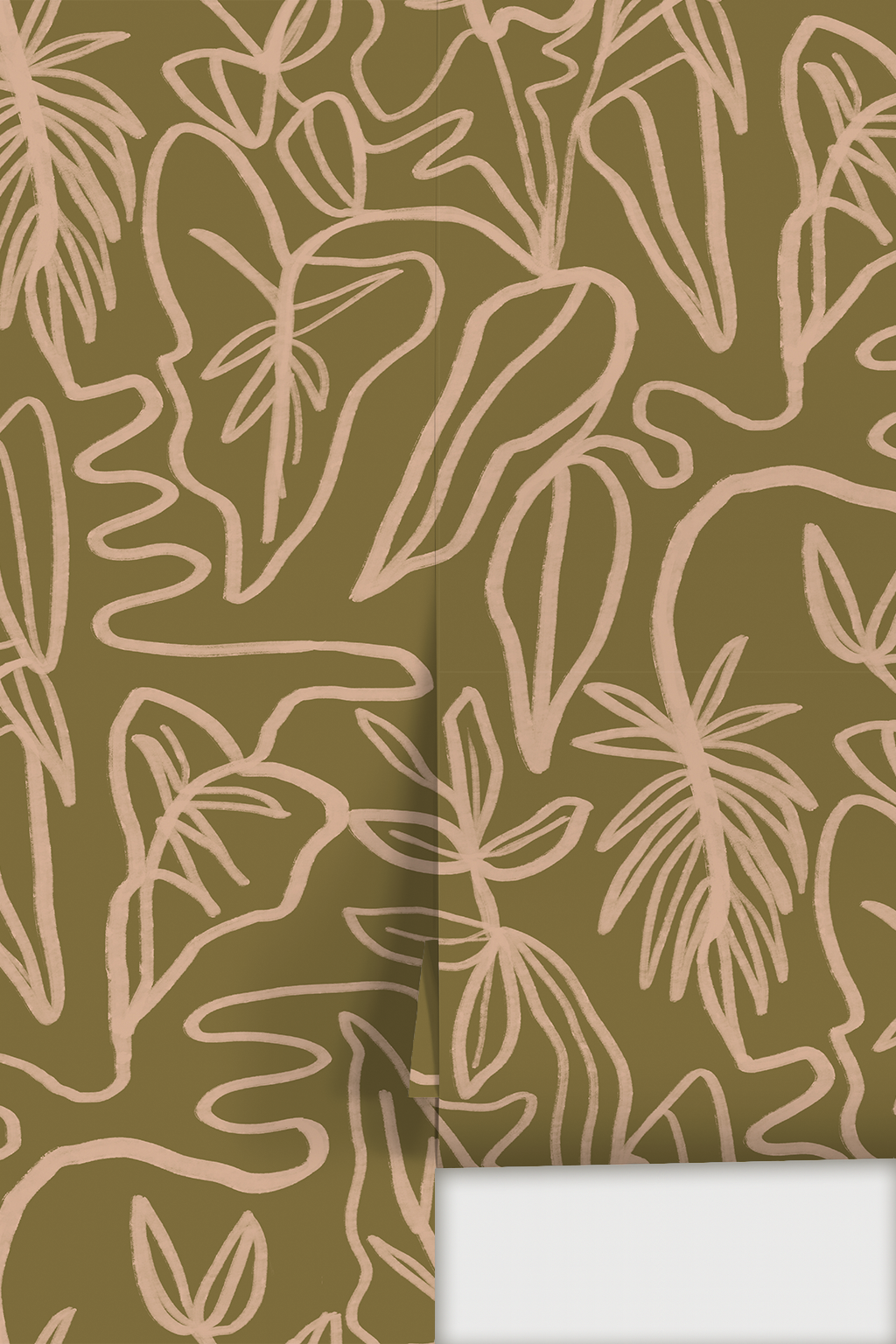 Inked Foliage Wallpaper, olive green and peach