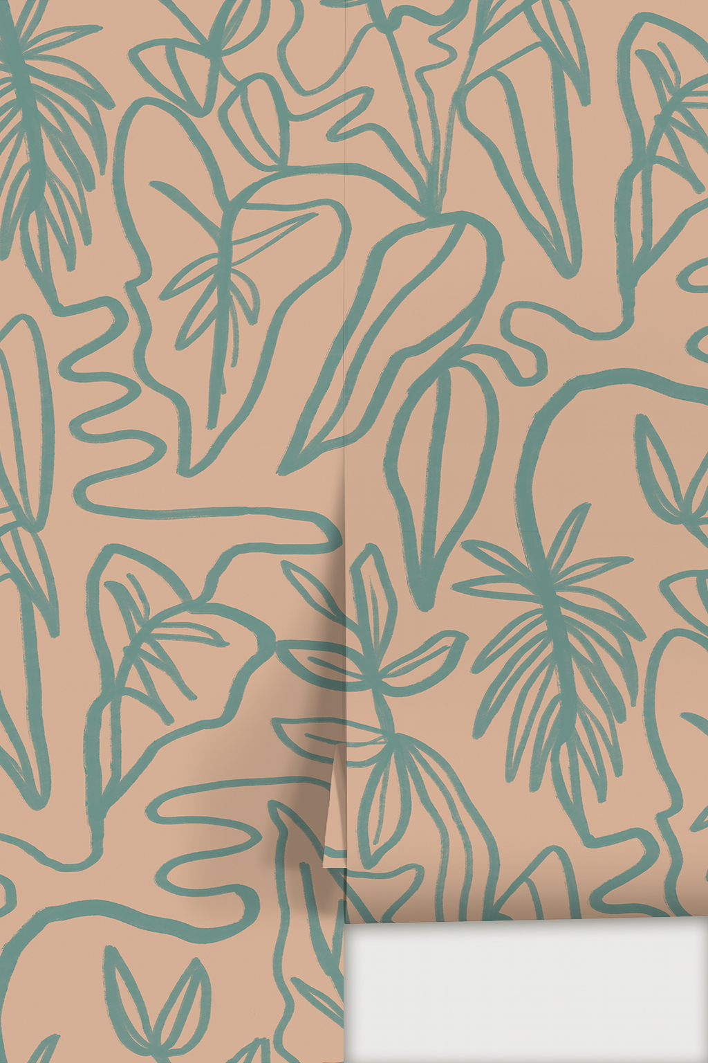 Inked Foliage Wallpaper, peach and teal