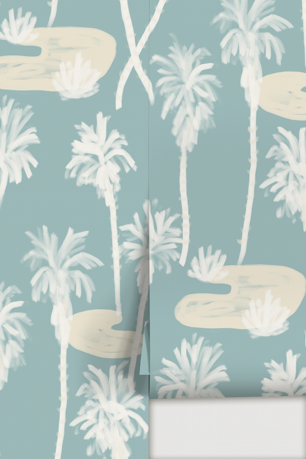Palm Oasis Wallpaper, dusty blue and white