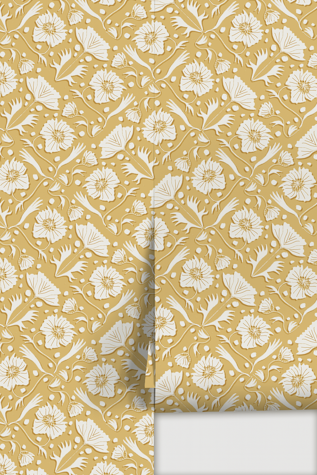 Poppy Pavilion Wallpaper, butter yellow and off-white