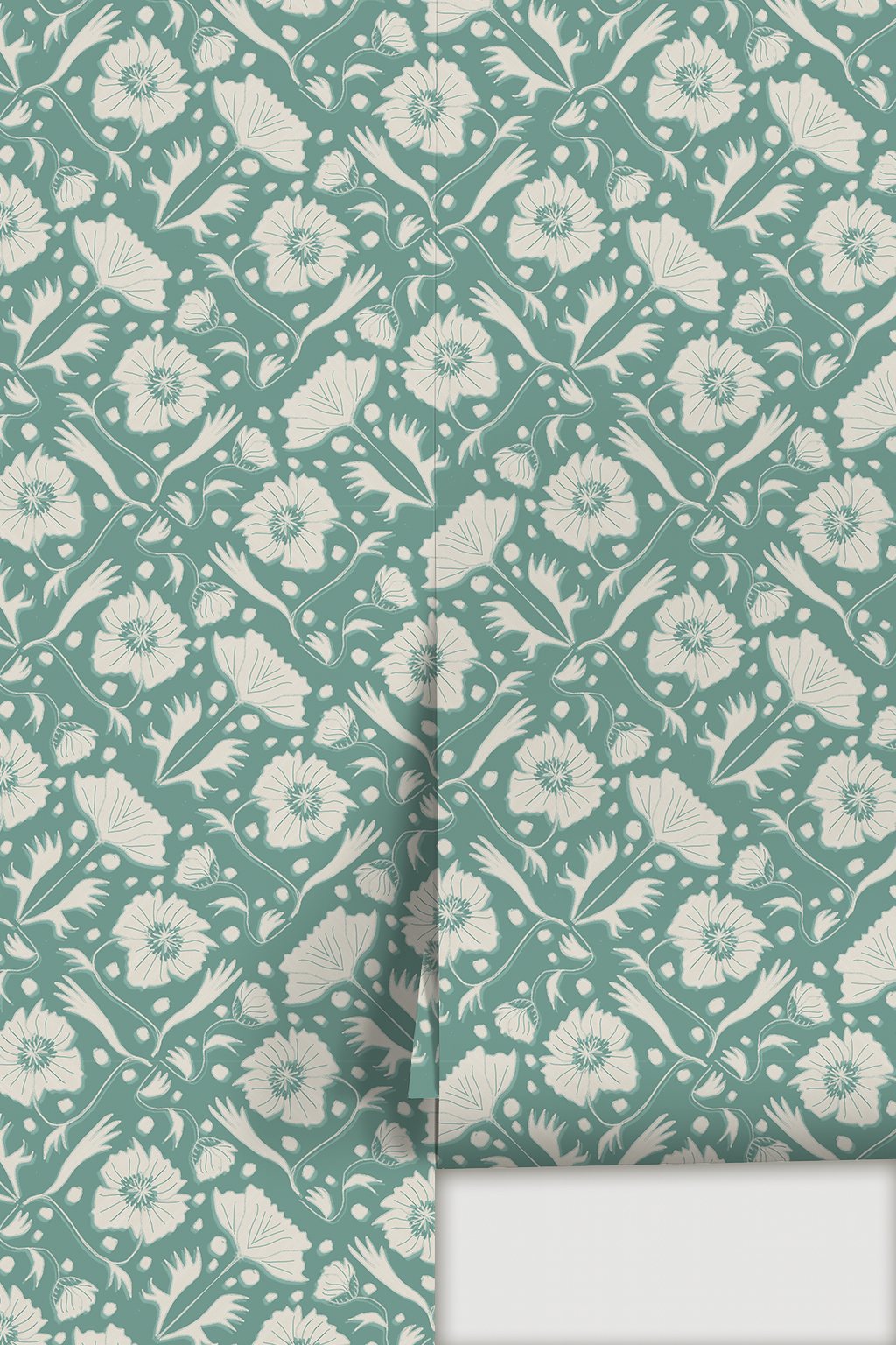 Poppy Pavilion Wallpaper, teal and beige
