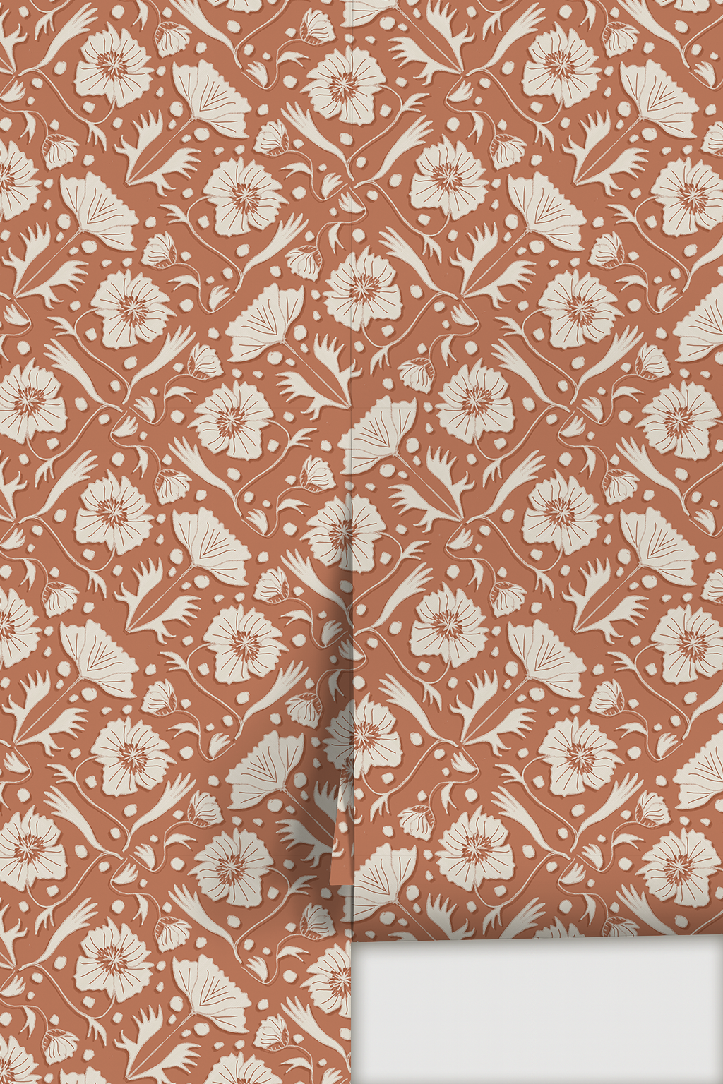 Poppy Pavilion Wallpaper, terra cotta and beige