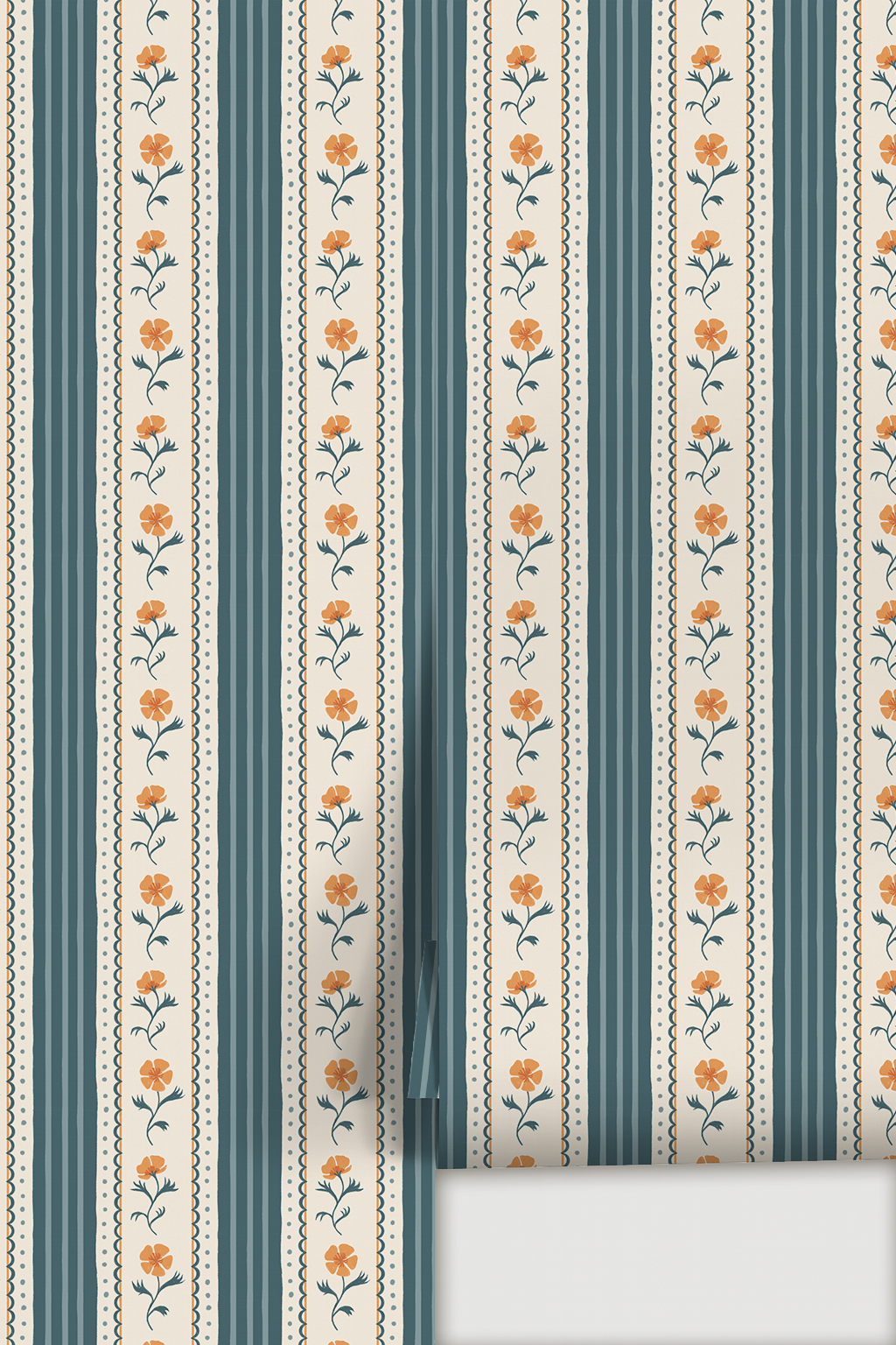 Amapola Stripe Wallpaper, beige, dark teal and orange