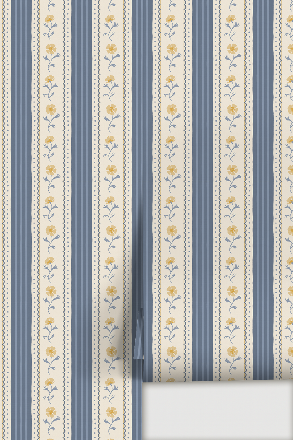 Amapola Stripe Wallpaper, beige, dusty blue and yellow