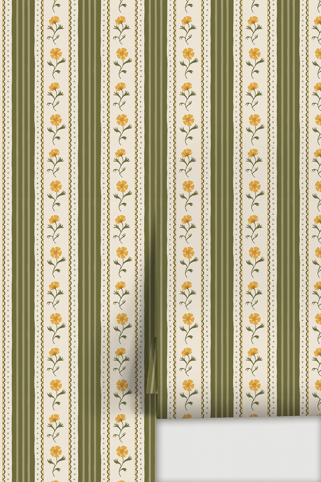 Amapola Stripe Wallpaper, beige, olive green and marigold