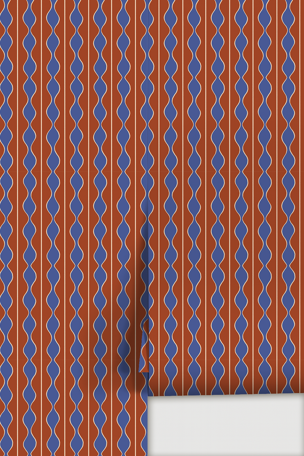 Rosario Stripe Wallpaper, brick red, blue and peachy white