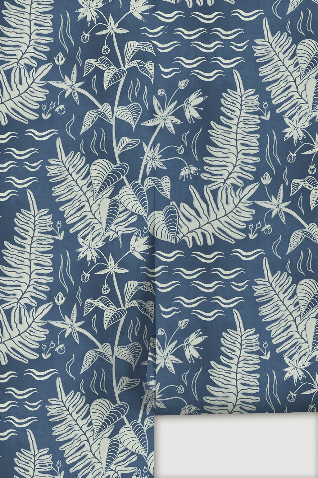 Verdant Folia Wallpaper, blue and off-white