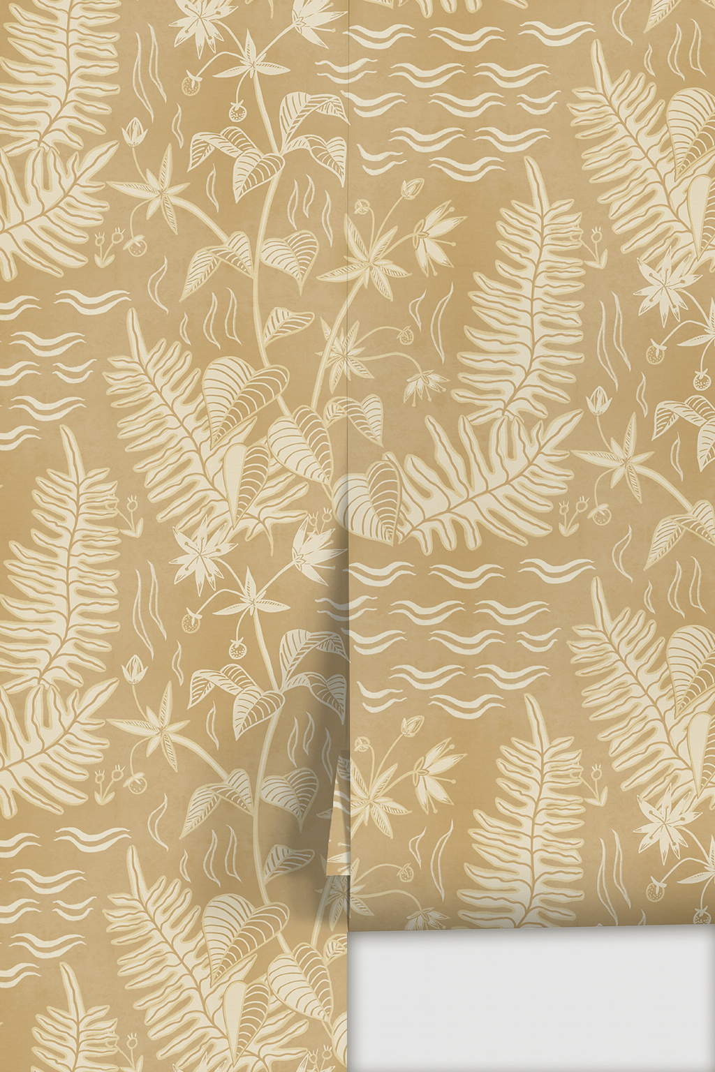 Verdant Folia Wallpaper, butter yellow and off-white