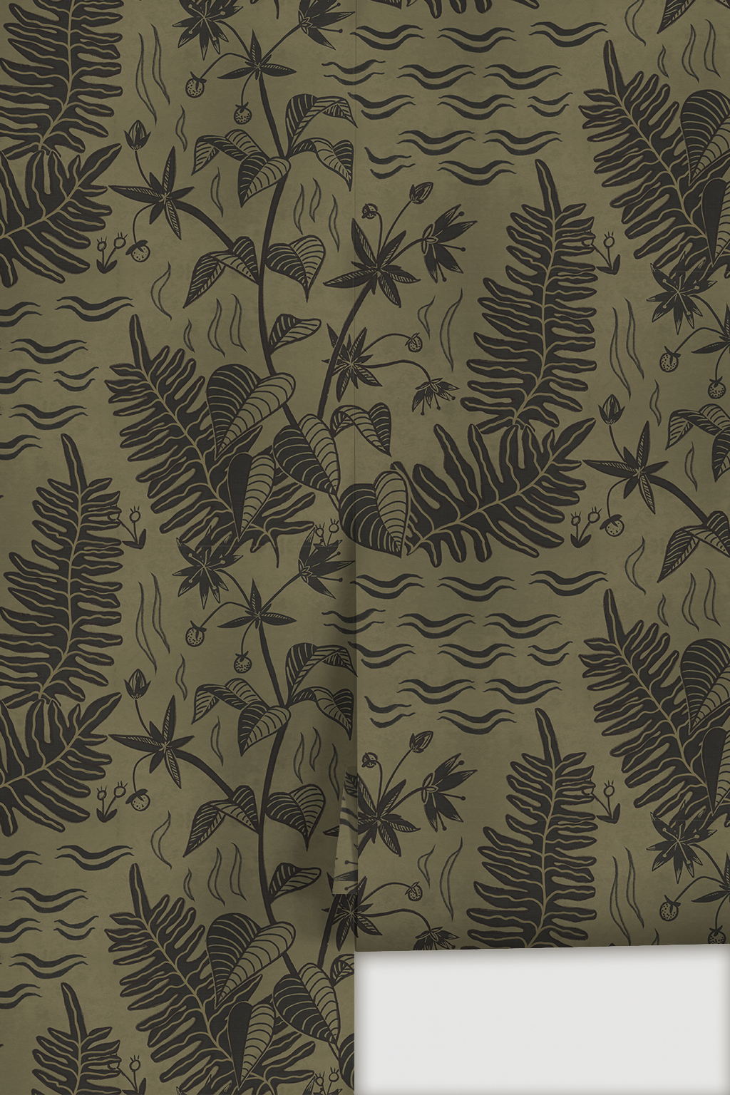 Verdant Folia Wallpaper, dark olive and charcoal