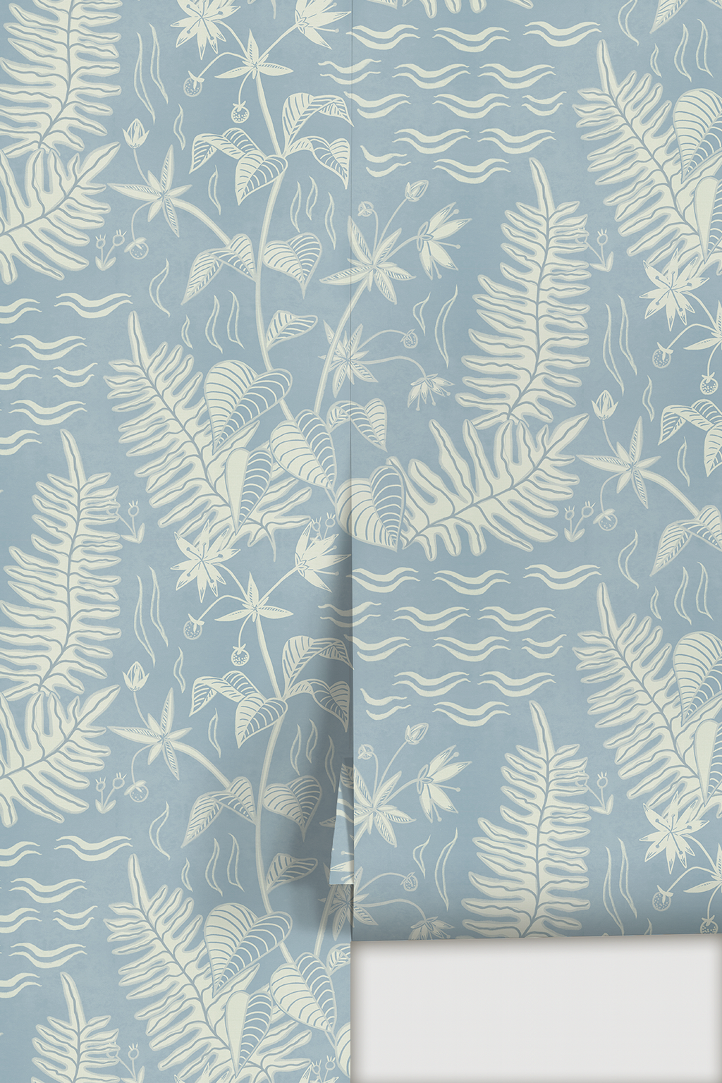 Verdant Folia Wallpaper, light blue and off-white
