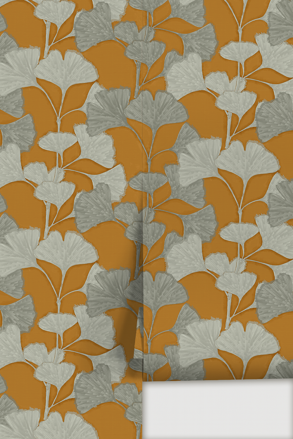 Ginkgo Vignette Wallpaper, golden rod and mint