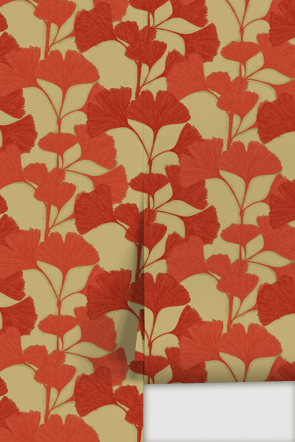 Ginkgo Vignette Wallpaper, khaki green and red